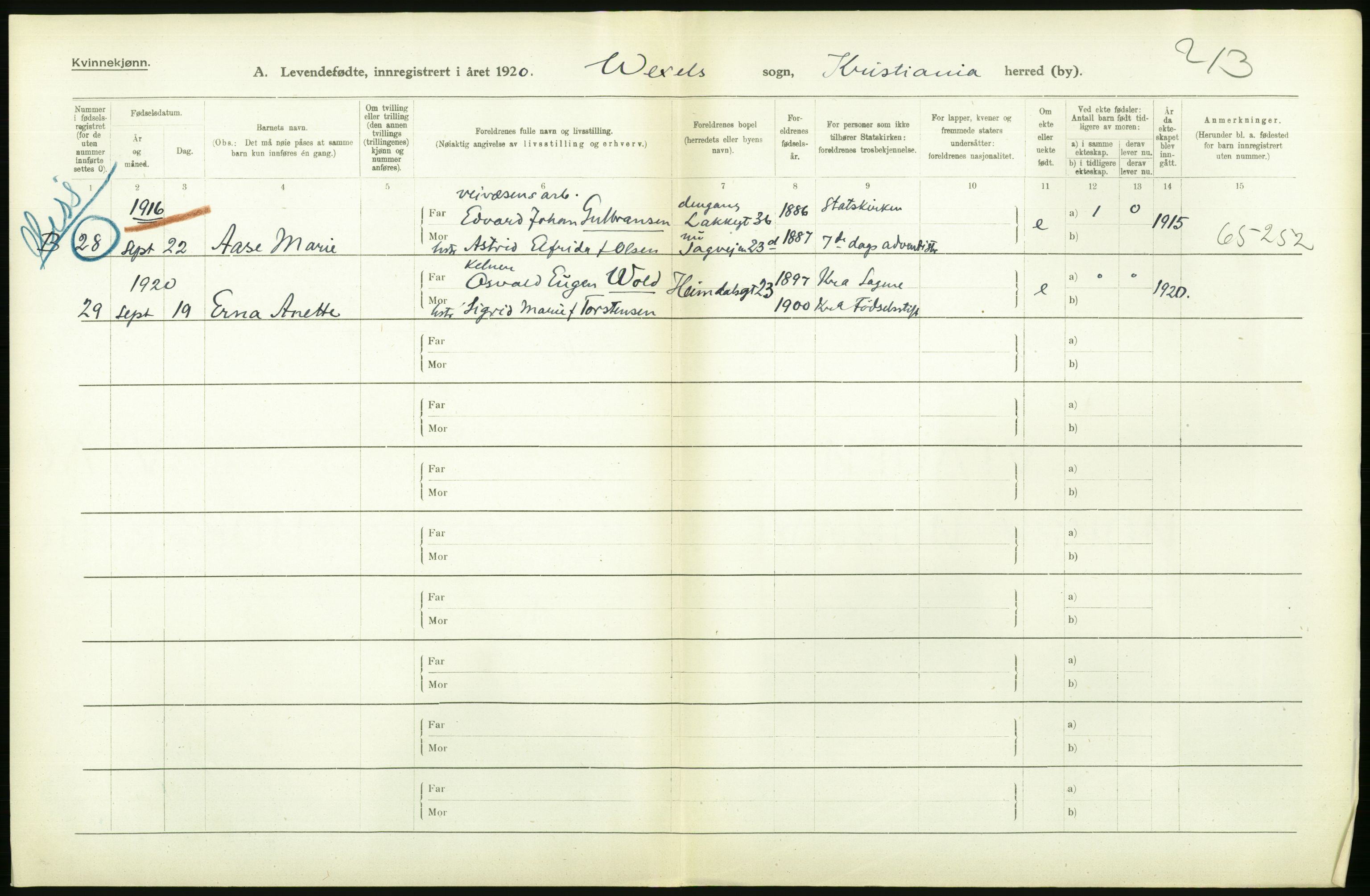 Statistisk sentralbyrå, Sosiodemografiske emner, Befolkning, AV/RA-S-2228/D/Df/Dfb/Dfbj/L0008: Kristiania: Levendefødte menn og kvinner., 1920, s. 318