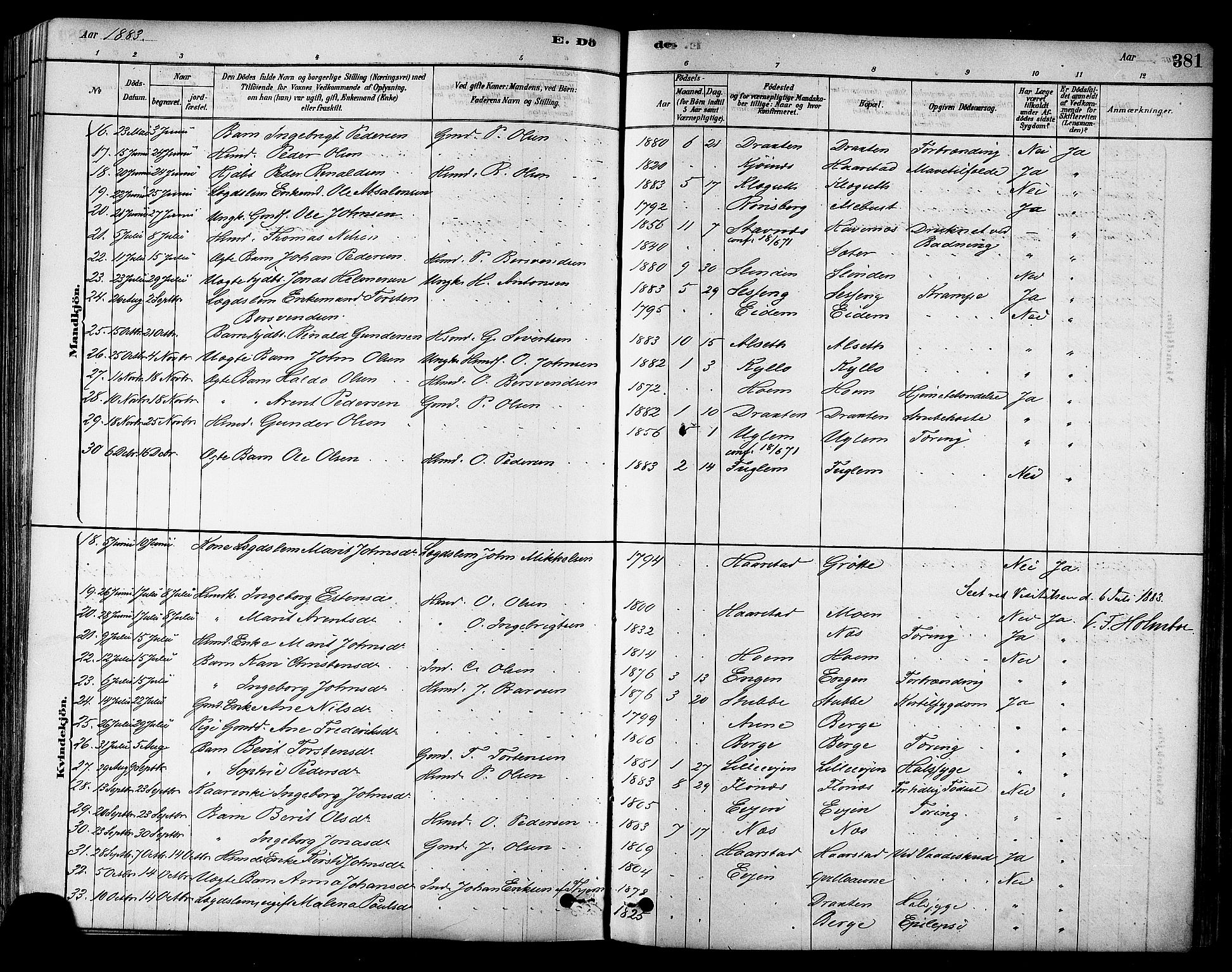 Ministerialprotokoller, klokkerbøker og fødselsregistre - Sør-Trøndelag, AV/SAT-A-1456/695/L1148: Ministerialbok nr. 695A08, 1878-1891, s. 381