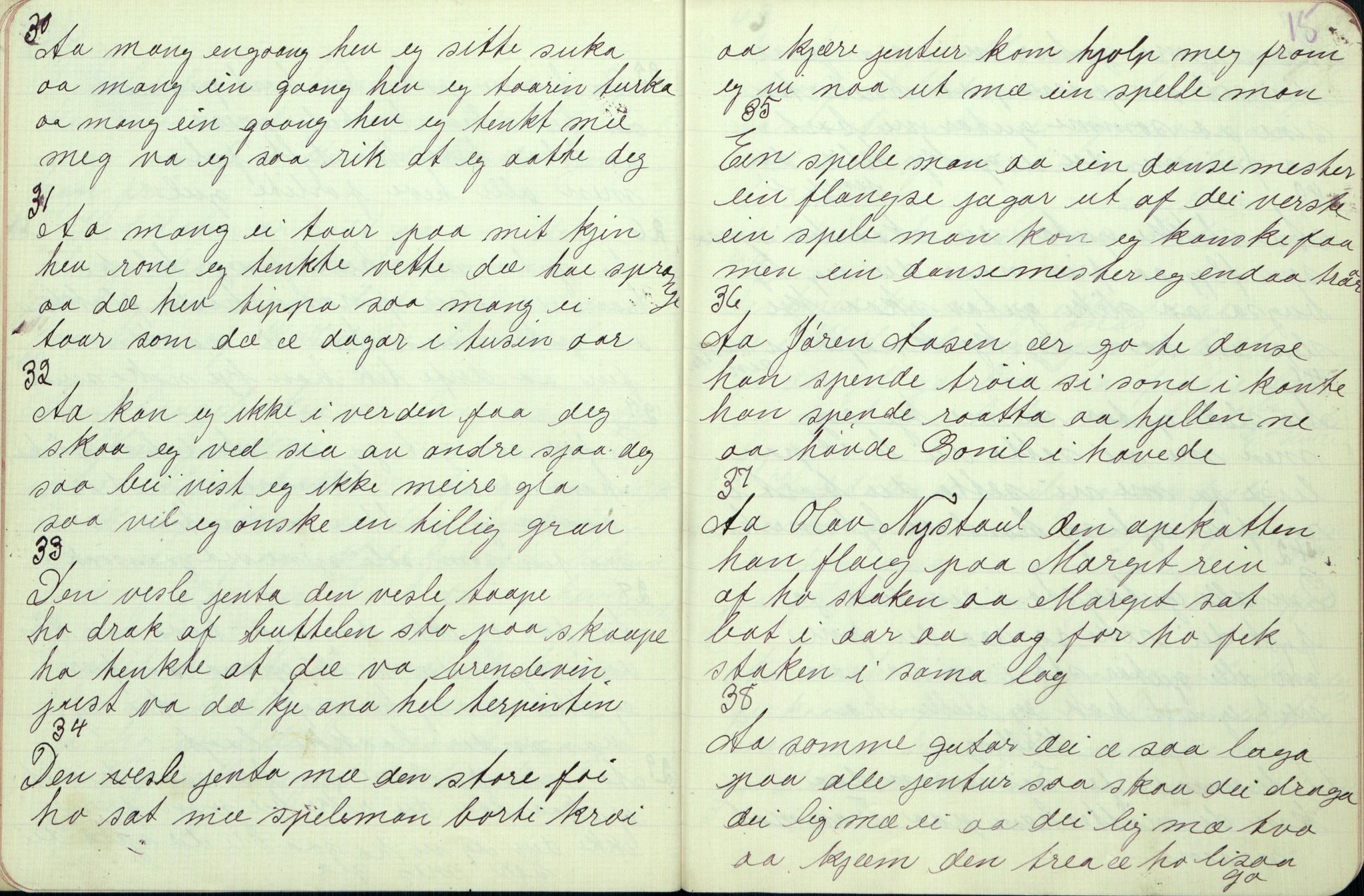 Rikard Berge, TEMU/TGM-A-1003/F/L0006/0009: 201-250 / 208 Oppskrifter av Gunhild Kivle, Seljord. Gurisilla ho sat uti veven saa fin..., 1910, s. 14-15