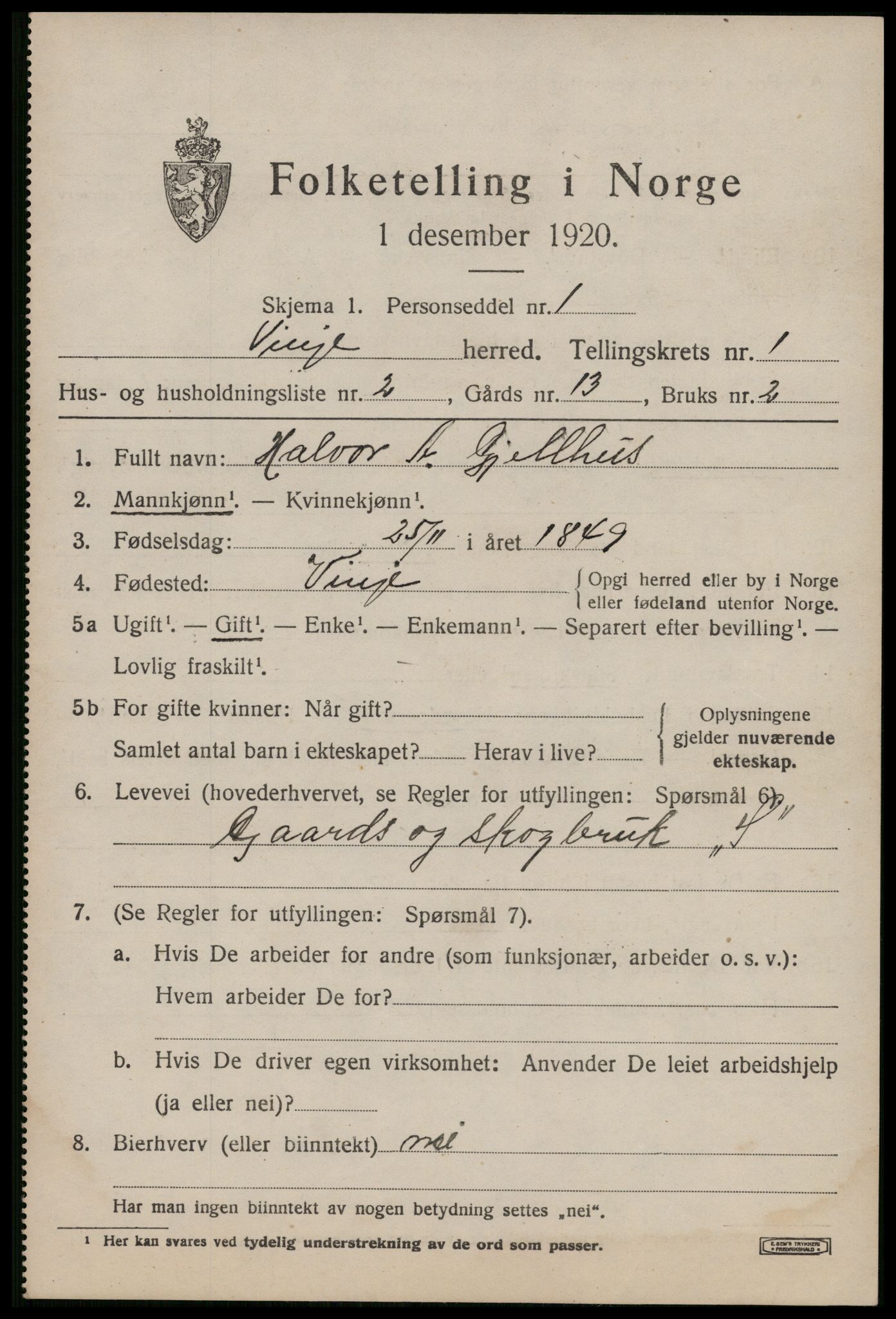 SAKO, Folketelling 1920 for 0834 Vinje herred, 1920, s. 721