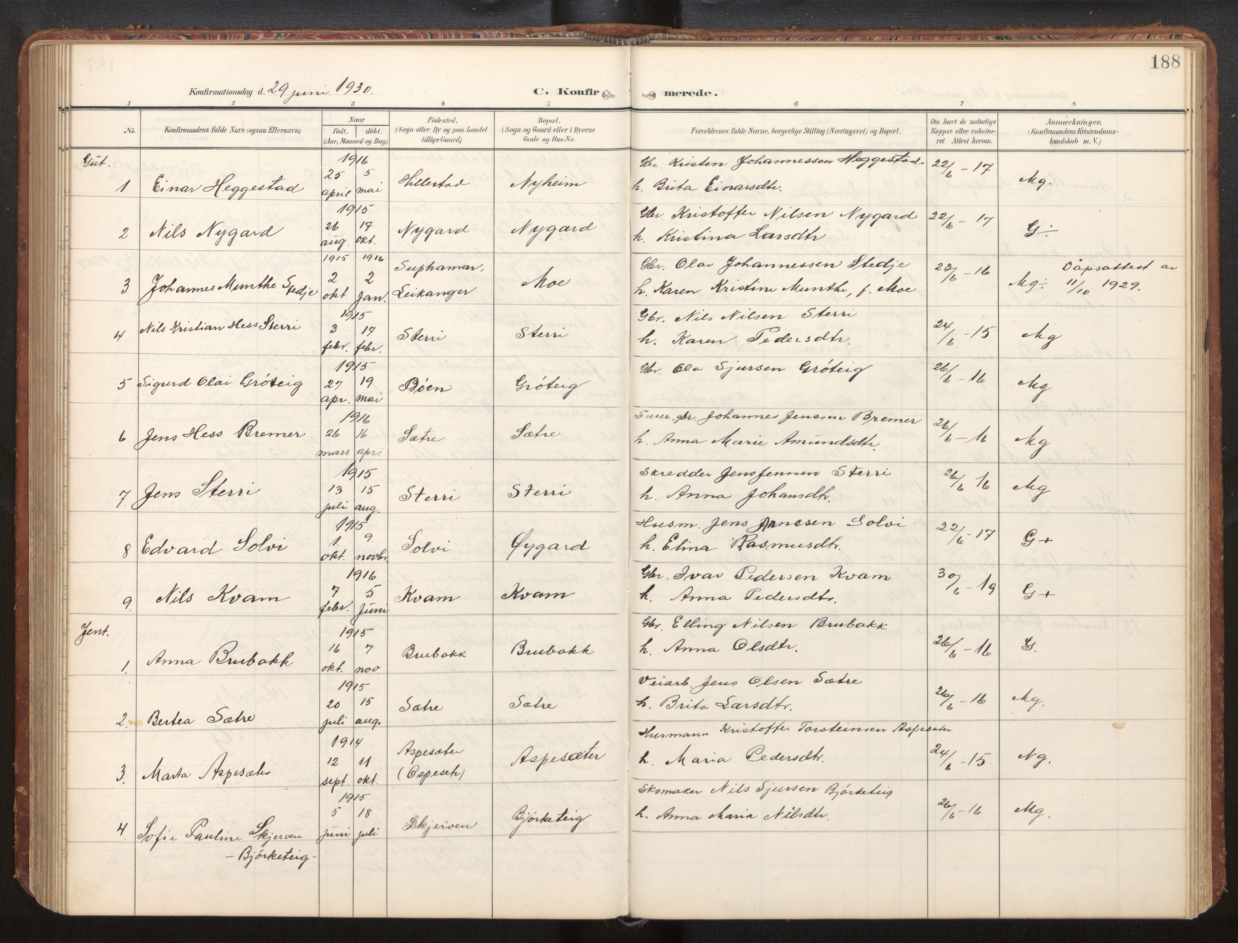 Hafslo sokneprestembete, AV/SAB-A-80301/H/Hab/Habb/L0002: Klokkerbok nr. B 2, 1909-1947, s. 188