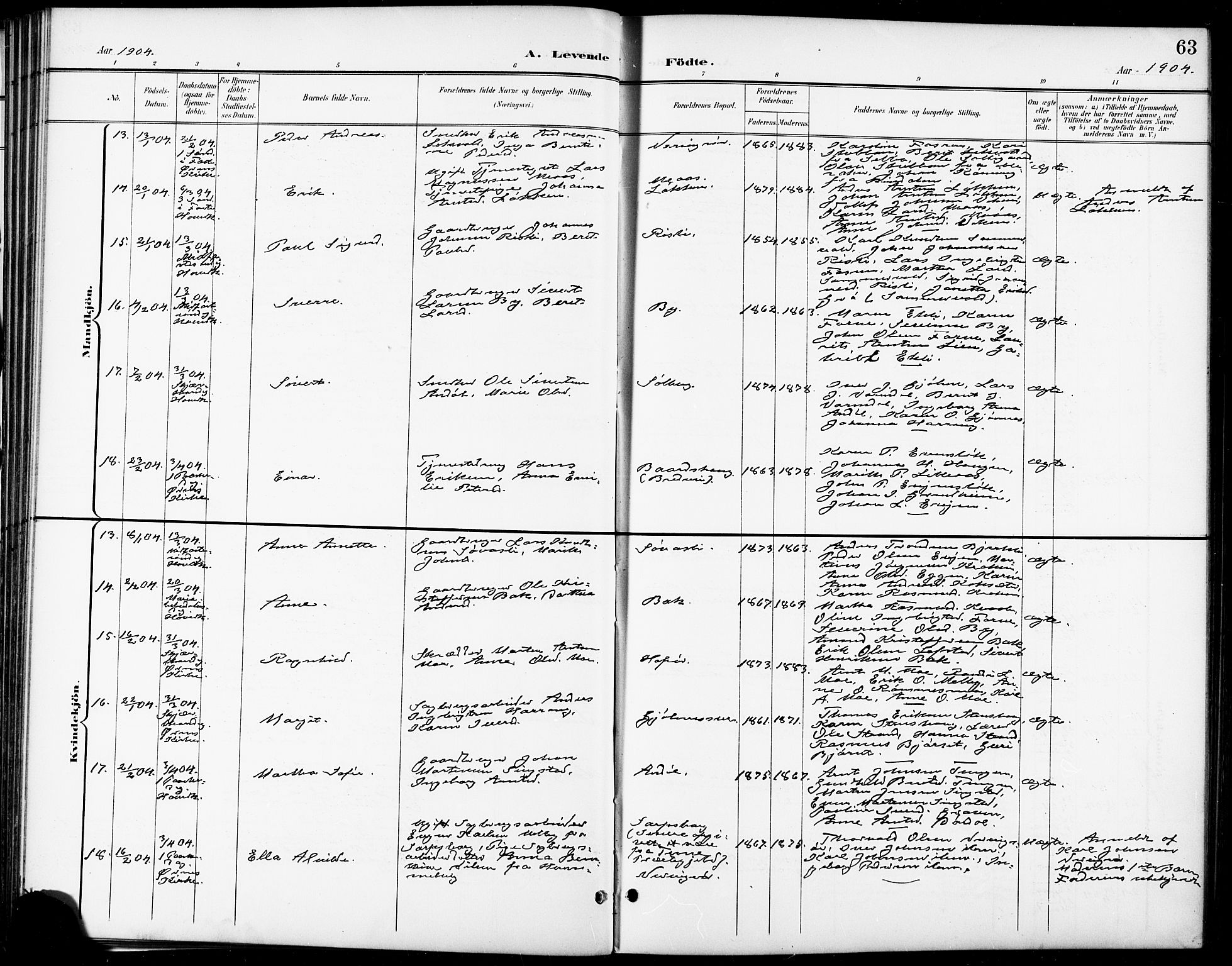 Ministerialprotokoller, klokkerbøker og fødselsregistre - Sør-Trøndelag, SAT/A-1456/668/L0819: Klokkerbok nr. 668C08, 1899-1912, s. 63