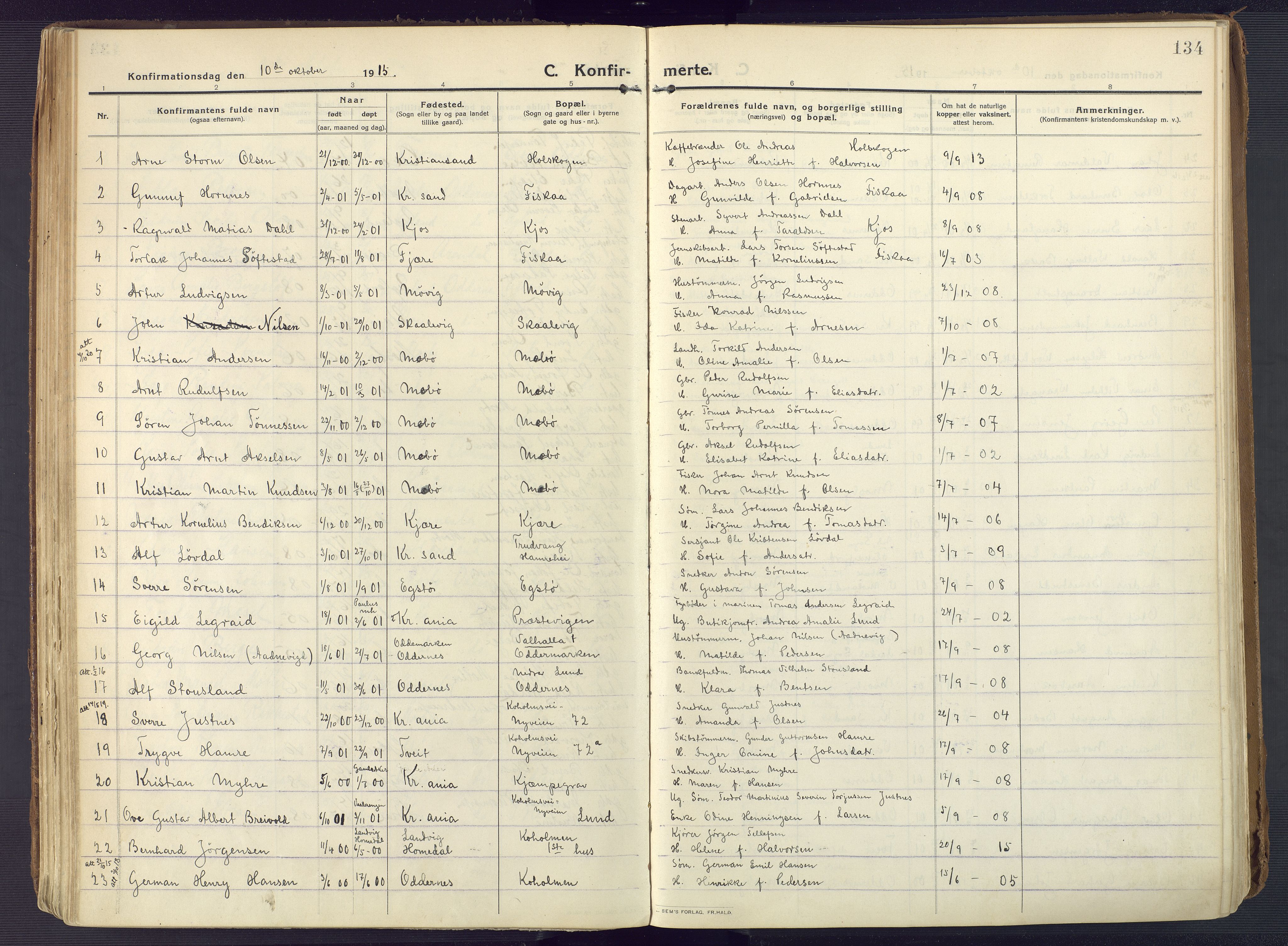 Oddernes sokneprestkontor, AV/SAK-1111-0033/F/Fa/Faa/L0012: Ministerialbok nr. A 12, 1912-1925, s. 134