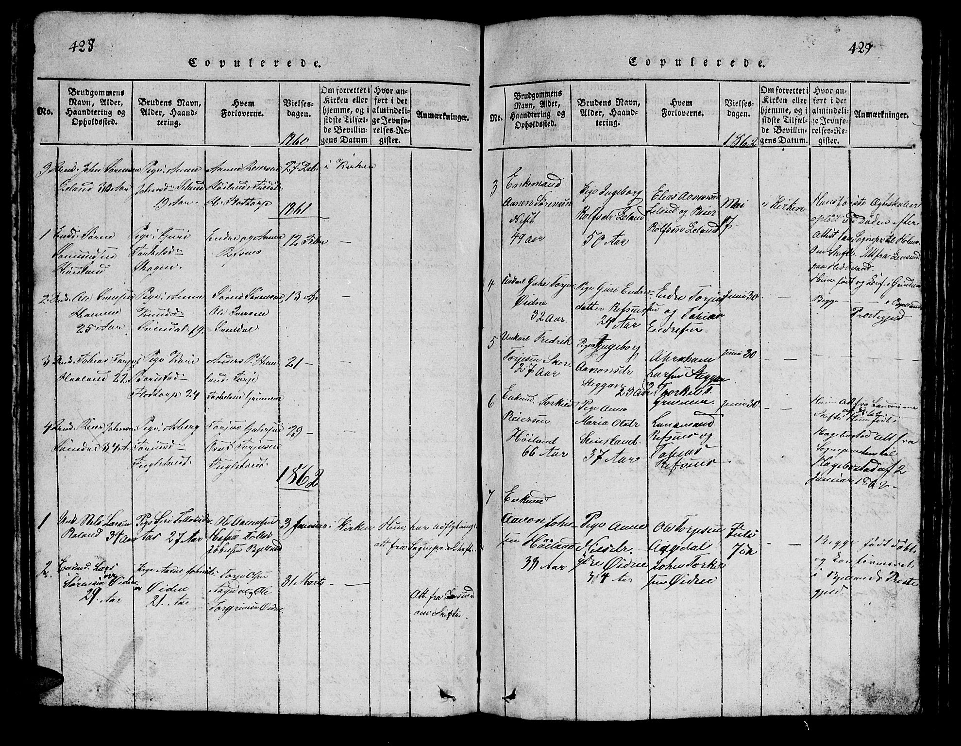 Bjelland sokneprestkontor, SAK/1111-0005/F/Fb/Fbc/L0001: Klokkerbok nr. B 1, 1815-1870, s. 428-429