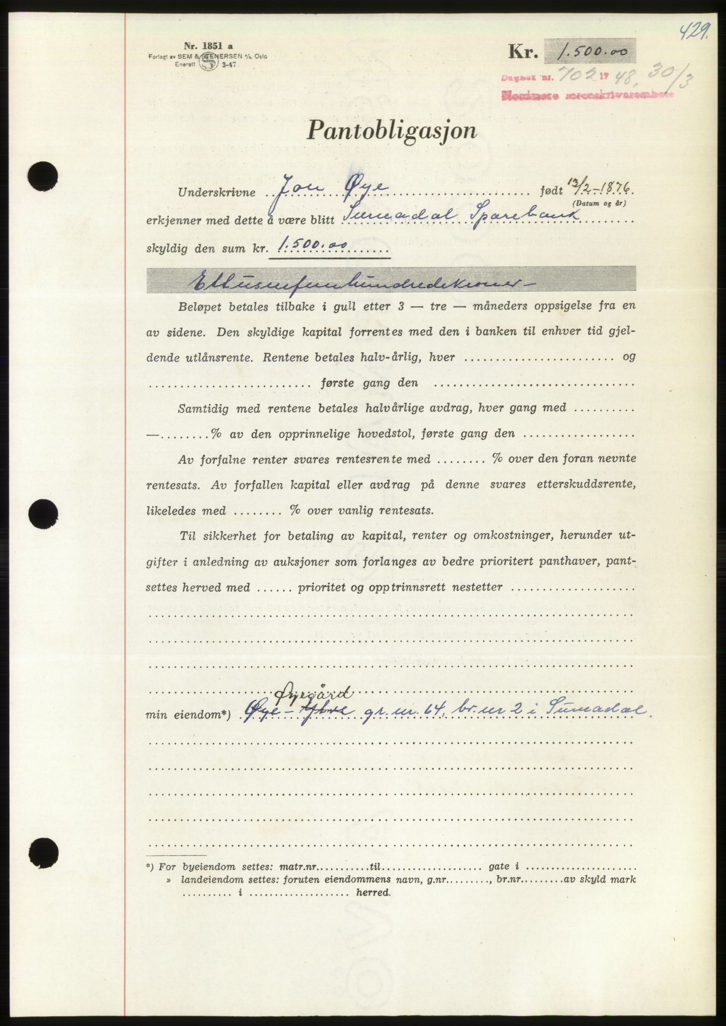 Nordmøre sorenskriveri, SAT/A-4132/1/2/2Ca: Pantebok nr. B98, 1948-1948, Dagboknr: 702/1948