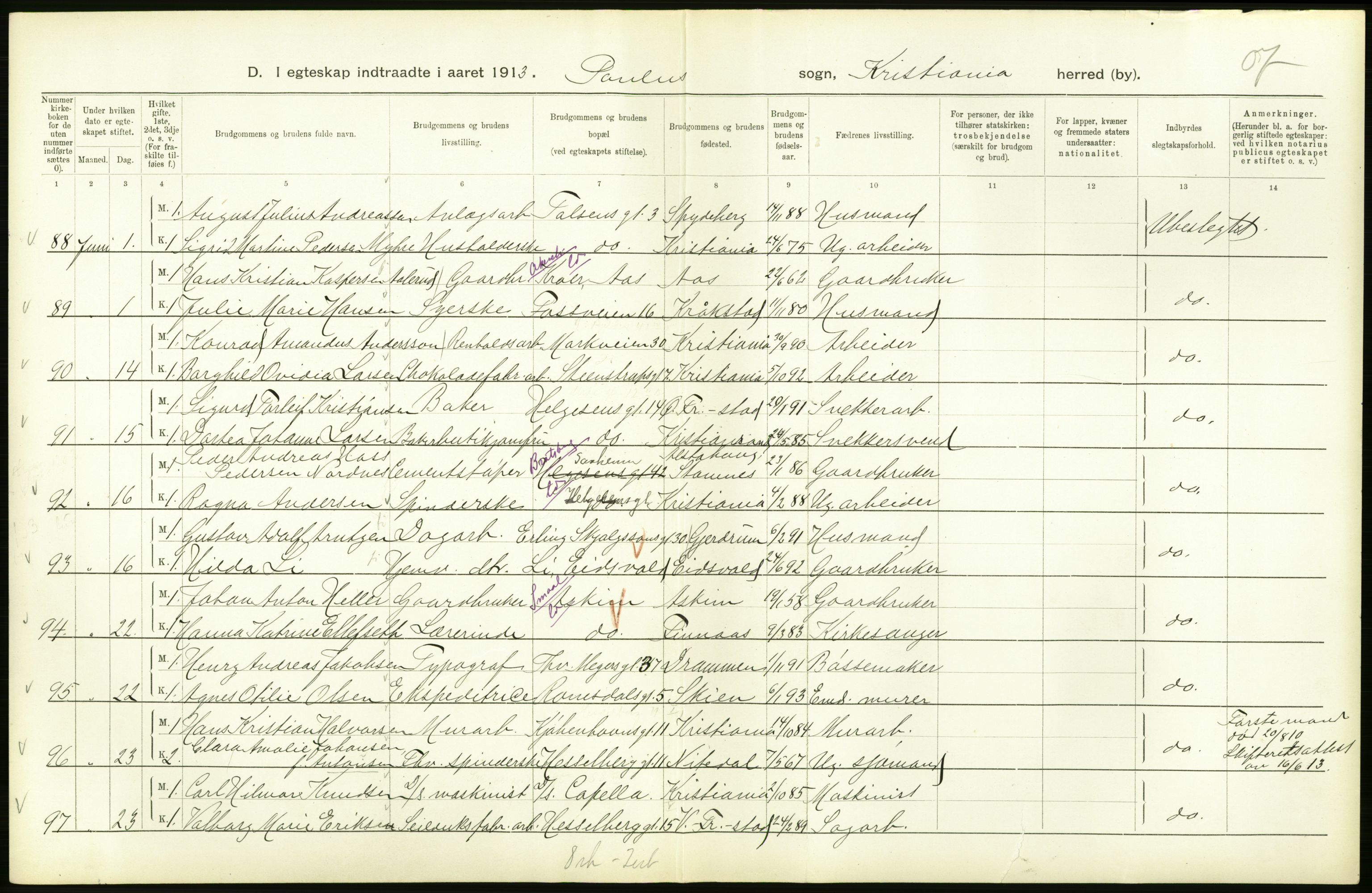 Statistisk sentralbyrå, Sosiodemografiske emner, Befolkning, AV/RA-S-2228/D/Df/Dfb/Dfbc/L0008: Kristiania: Gifte., 1913, s. 320