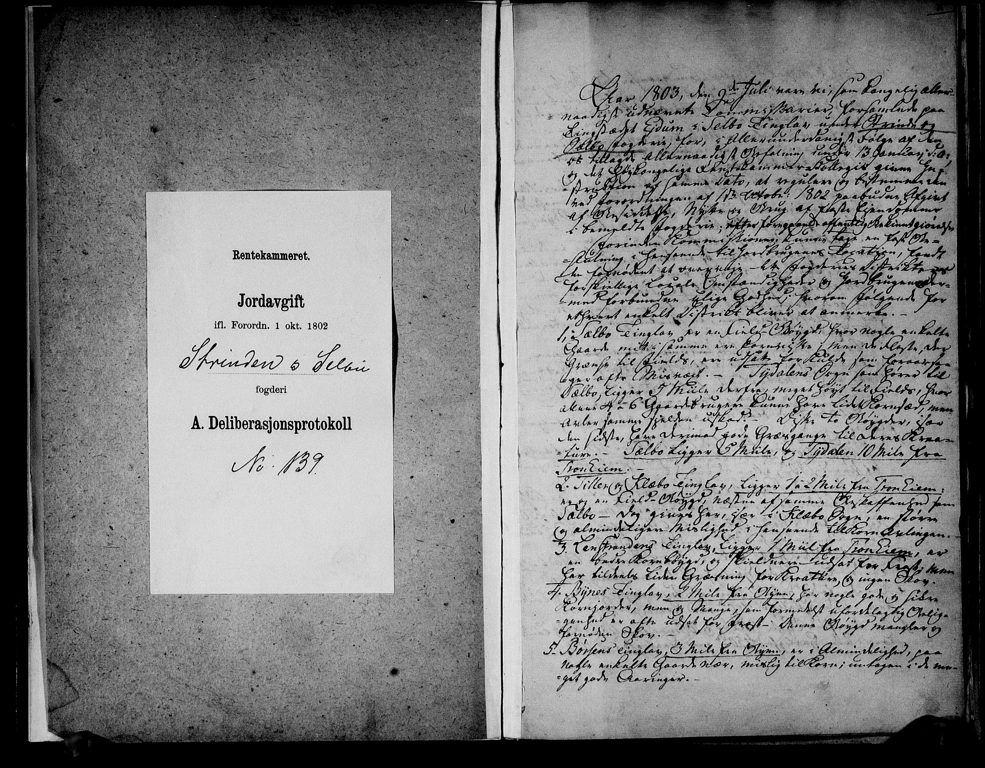 Rentekammeret inntil 1814, Realistisk ordnet avdeling, AV/RA-EA-4070/N/Ne/Nea/L0139: Strinda og Selbu fogderi. Deliberasjonsprotokoll, 1803, s. 1