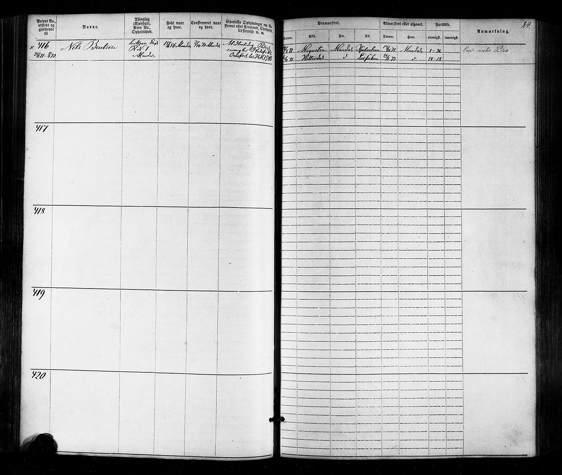 Mandal mønstringskrets, AV/SAK-2031-0016/F/Fa/L0005: Annotasjonsrulle nr 1-1909 med register, Y-15, 1868-1880, s. 116