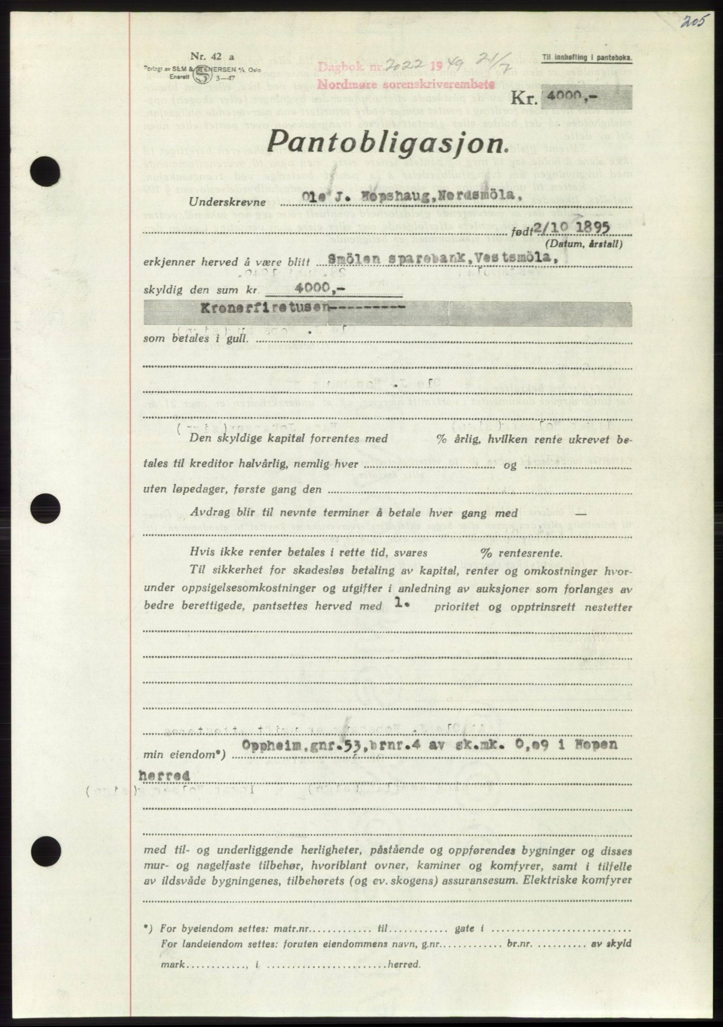 Nordmøre sorenskriveri, AV/SAT-A-4132/1/2/2Ca: Pantebok nr. B102, 1949-1949, Dagboknr: 2022/1949