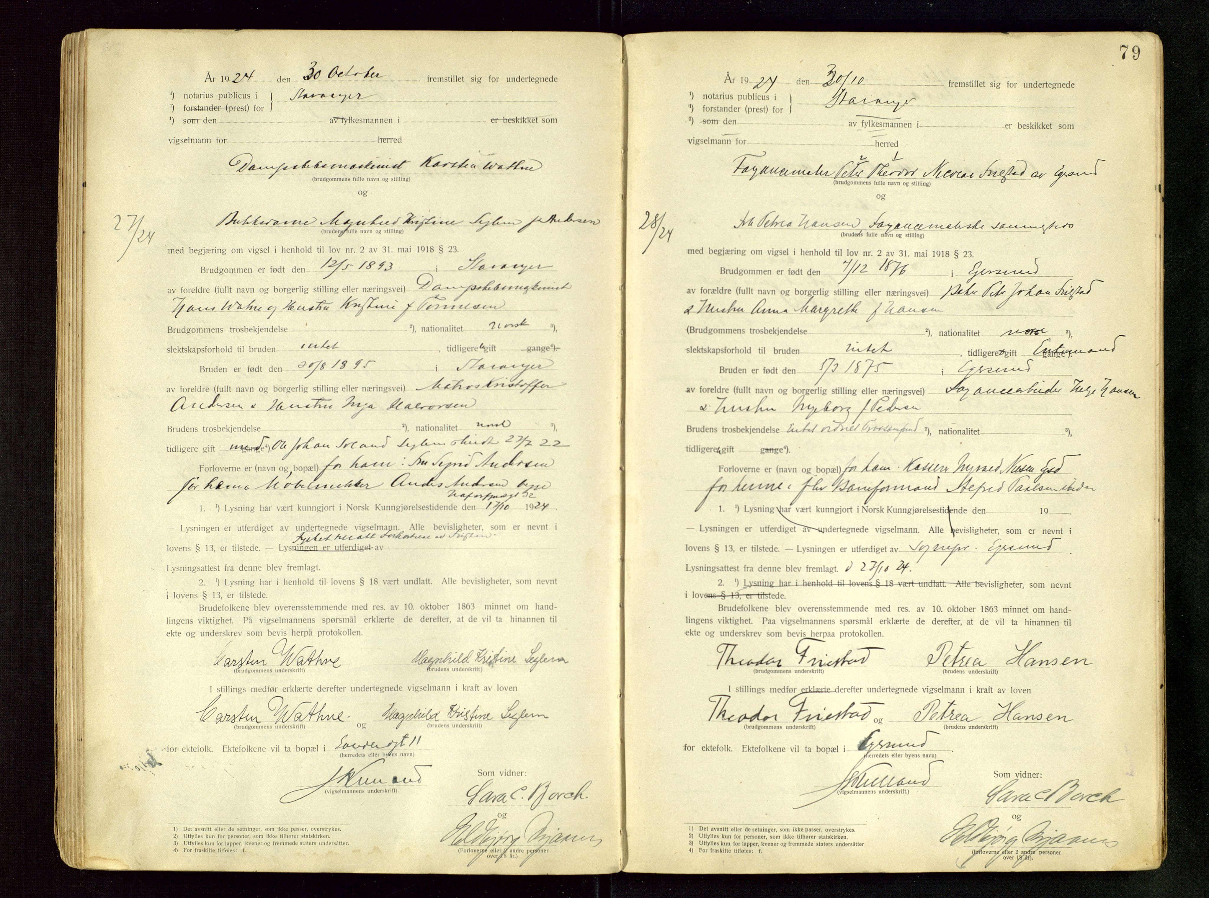 Stavanger byfogd, AV/SAST-A-101408/001/6/62/62BB/L0001: Vigselsprotokoll, 1920-1926, s. 79