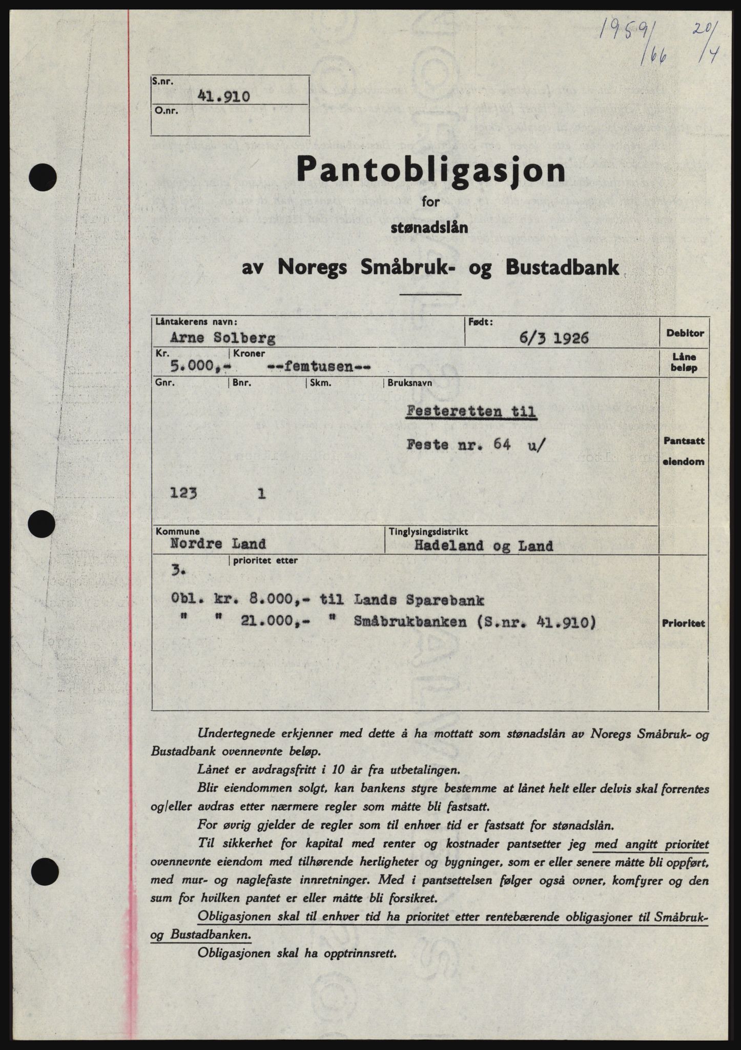 Hadeland og Land tingrett, SAH/TING-010/H/Hb/Hbc/L0062: Pantebok nr. B62, 1966-1966, Dagboknr: 1959/1966