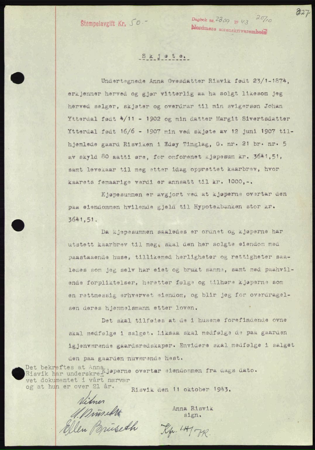Nordmøre sorenskriveri, SAT/A-4132/1/2/2Ca: Pantebok nr. A96, 1943-1944, Dagboknr: 2309/1943