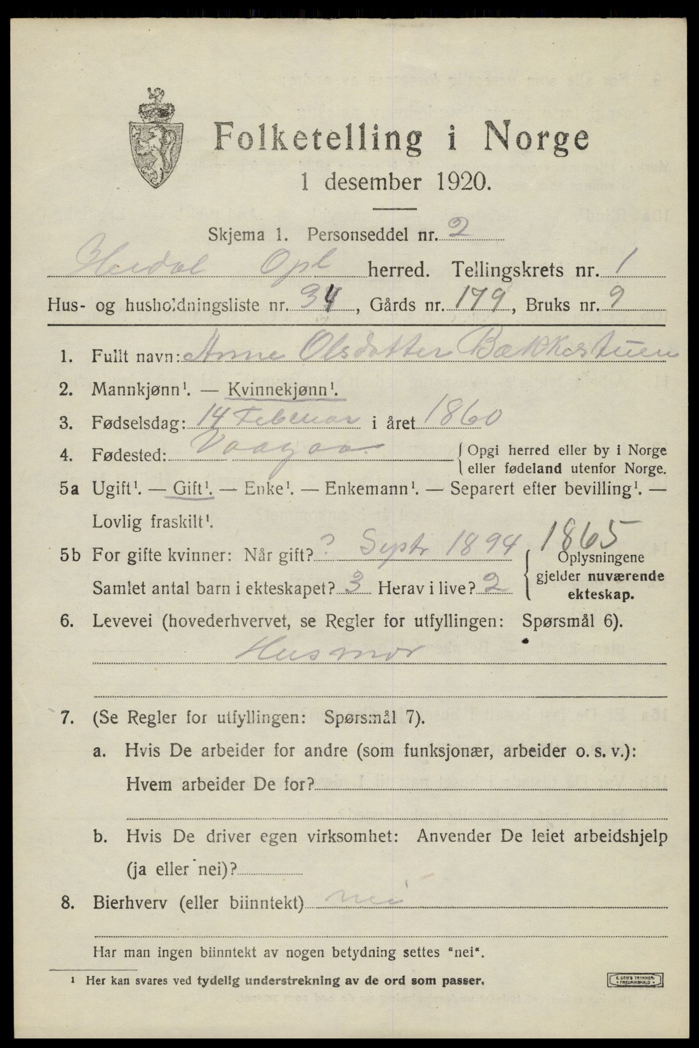 SAH, Folketelling 1920 for 0516 Heidal herred, 1920, s. 868
