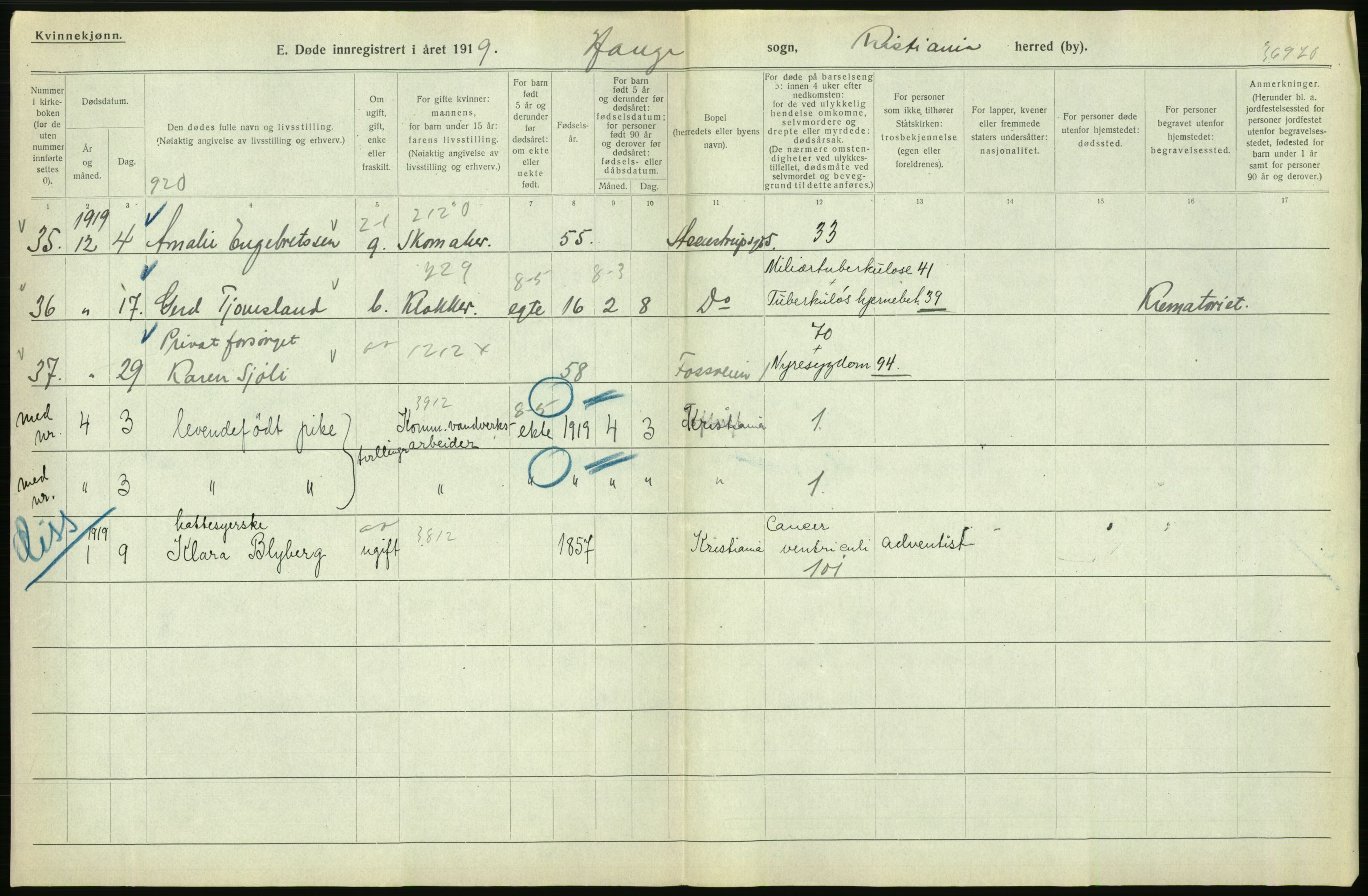 Statistisk sentralbyrå, Sosiodemografiske emner, Befolkning, AV/RA-S-2228/D/Df/Dfb/Dfbi/L0010: Kristiania: Døde, 1919, s. 222