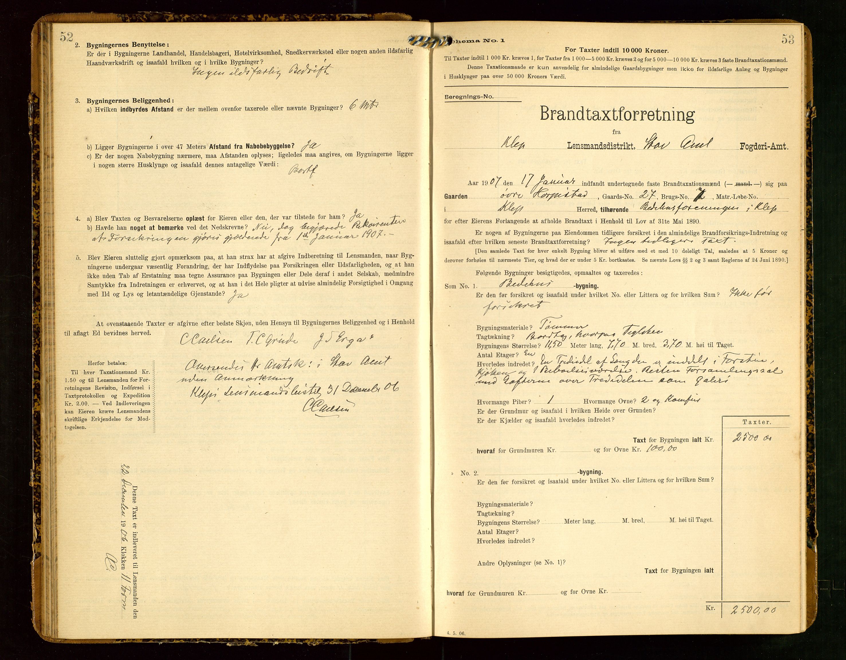 Klepp lensmannskontor, AV/SAST-A-100163/Goc/L0004: "Brandtaxationsprotokol" m/register, 1906-1908, s. 52-53