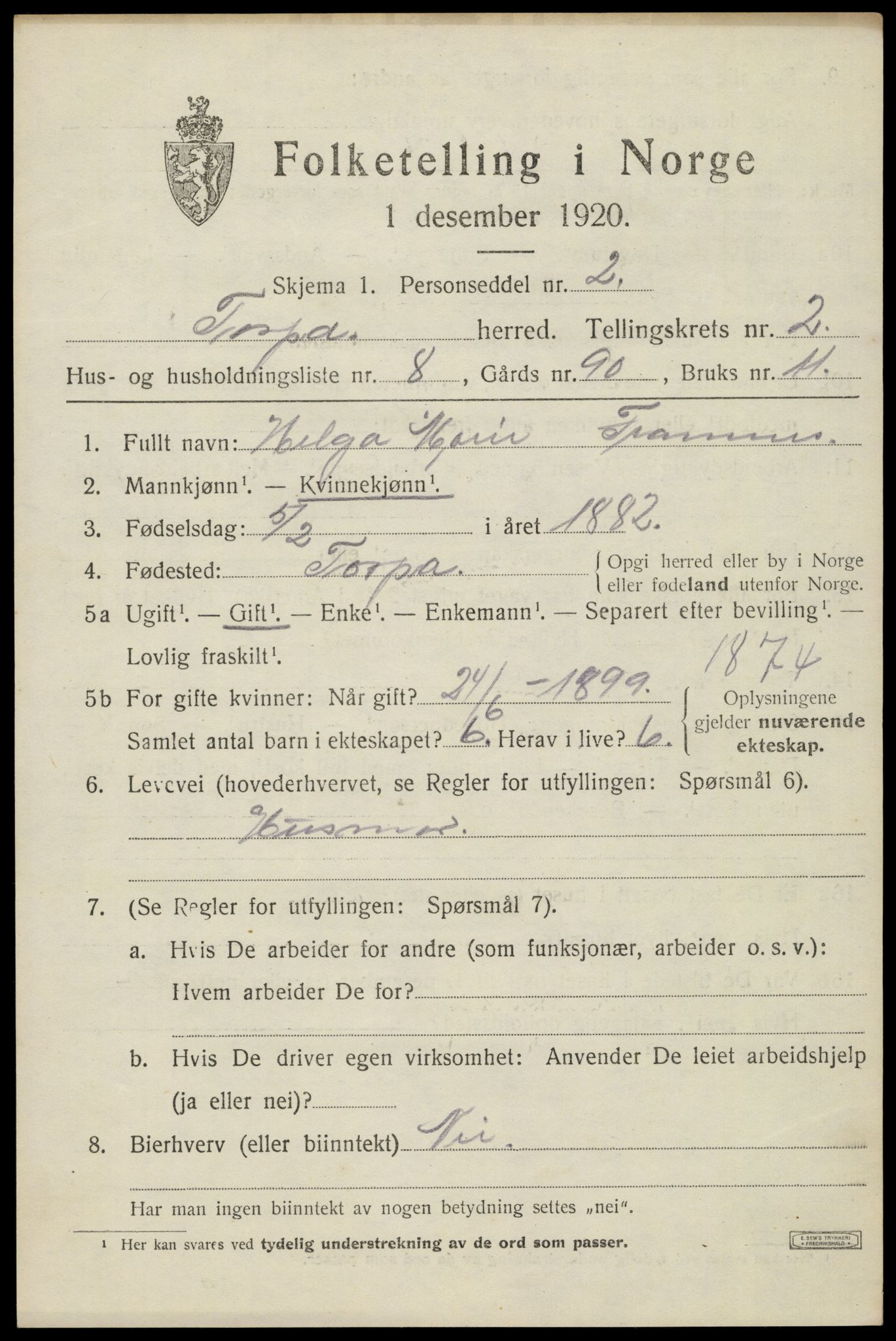 SAH, Folketelling 1920 for 0539 Torpa herred, 1920, s. 1737