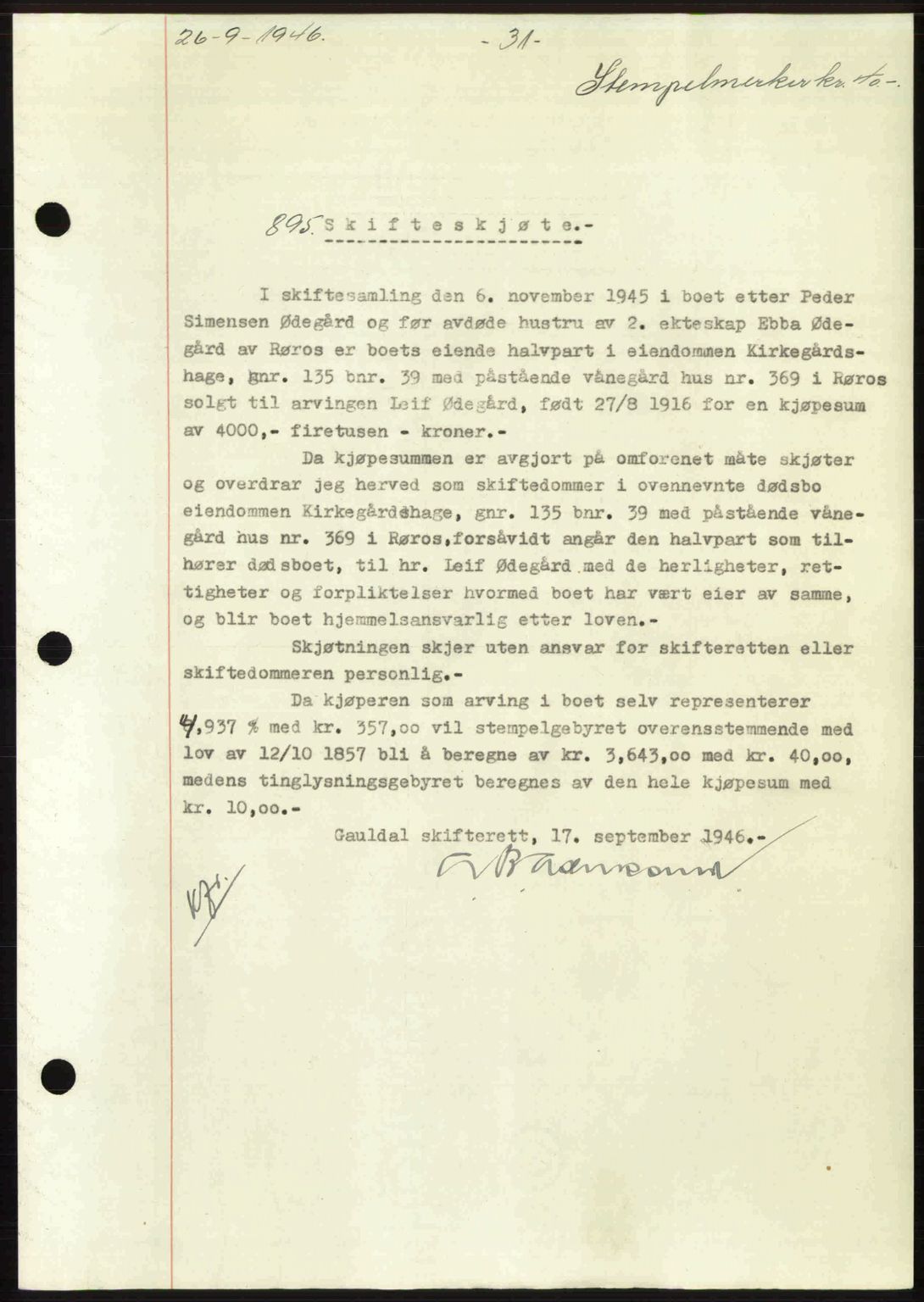 Gauldal sorenskriveri, SAT/A-0014/1/2/2C: Pantebok nr. A2, 1946-1946, Dagboknr: 895/1946