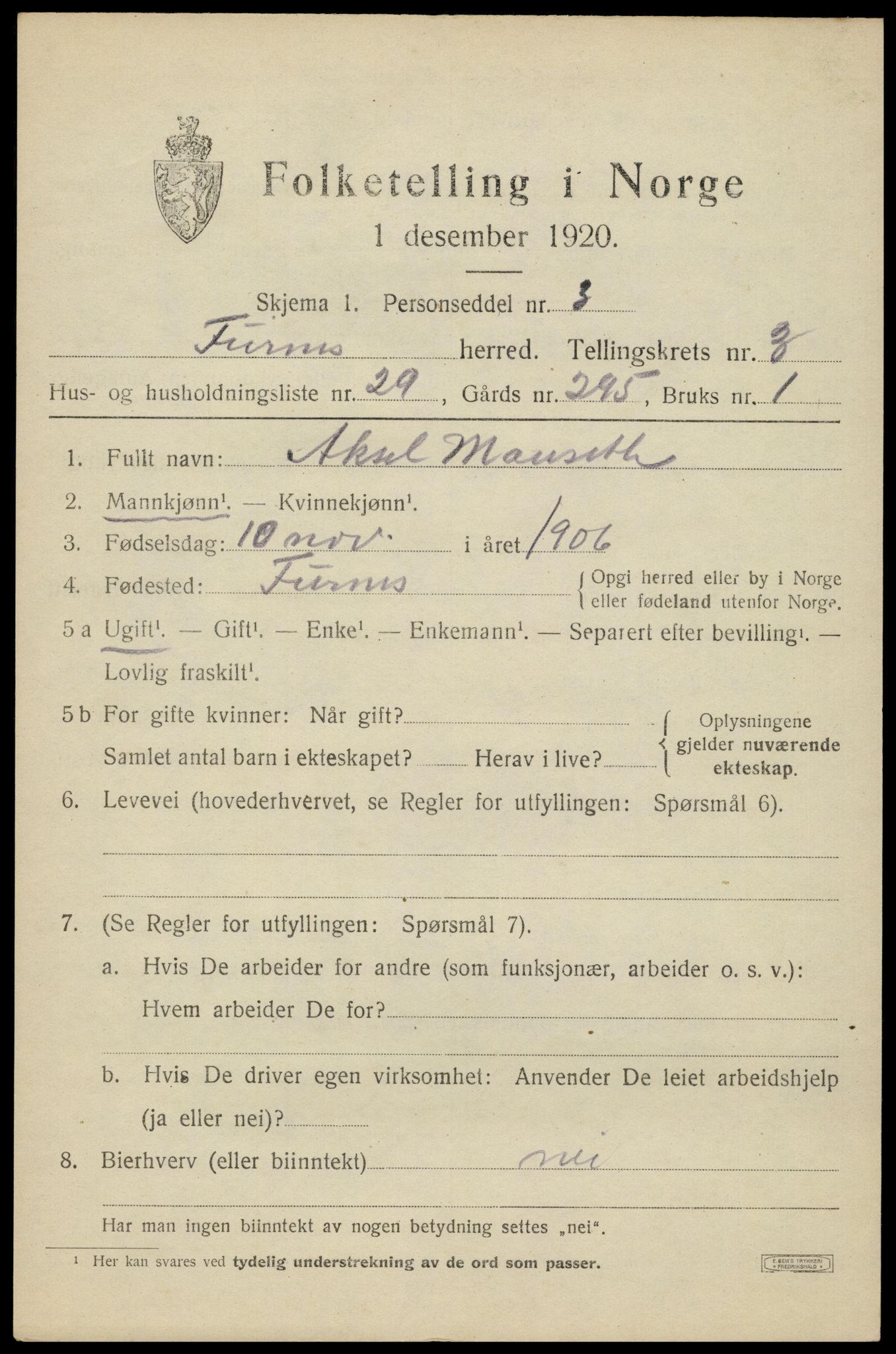 SAH, Folketelling 1920 for 0413 Furnes herred, 1920, s. 5155