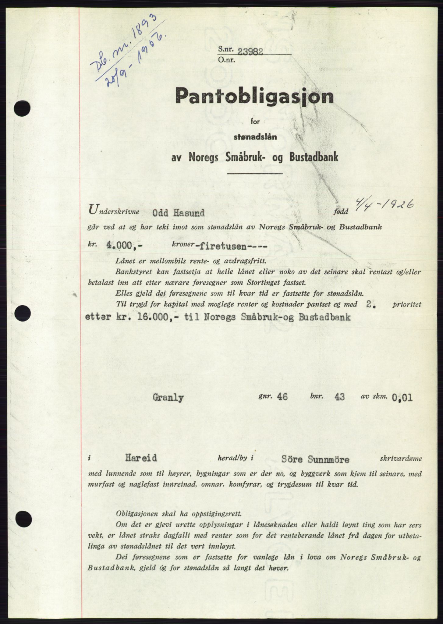 Søre Sunnmøre sorenskriveri, SAT/A-4122/1/2/2C/L0128: Pantebok nr. 16B, 1956-1956, Dagboknr: 1893/1956