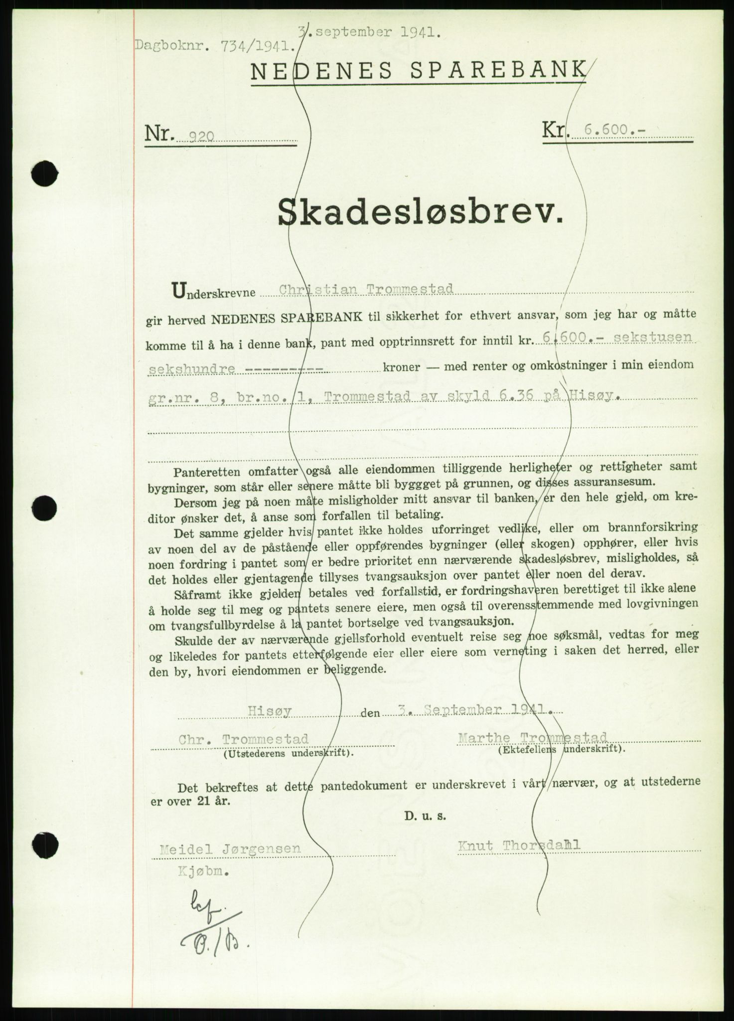 Nedenes sorenskriveri, SAK/1221-0006/G/Gb/Gbb/L0001: Pantebok nr. I, 1939-1942, Dagboknr: 734/1941