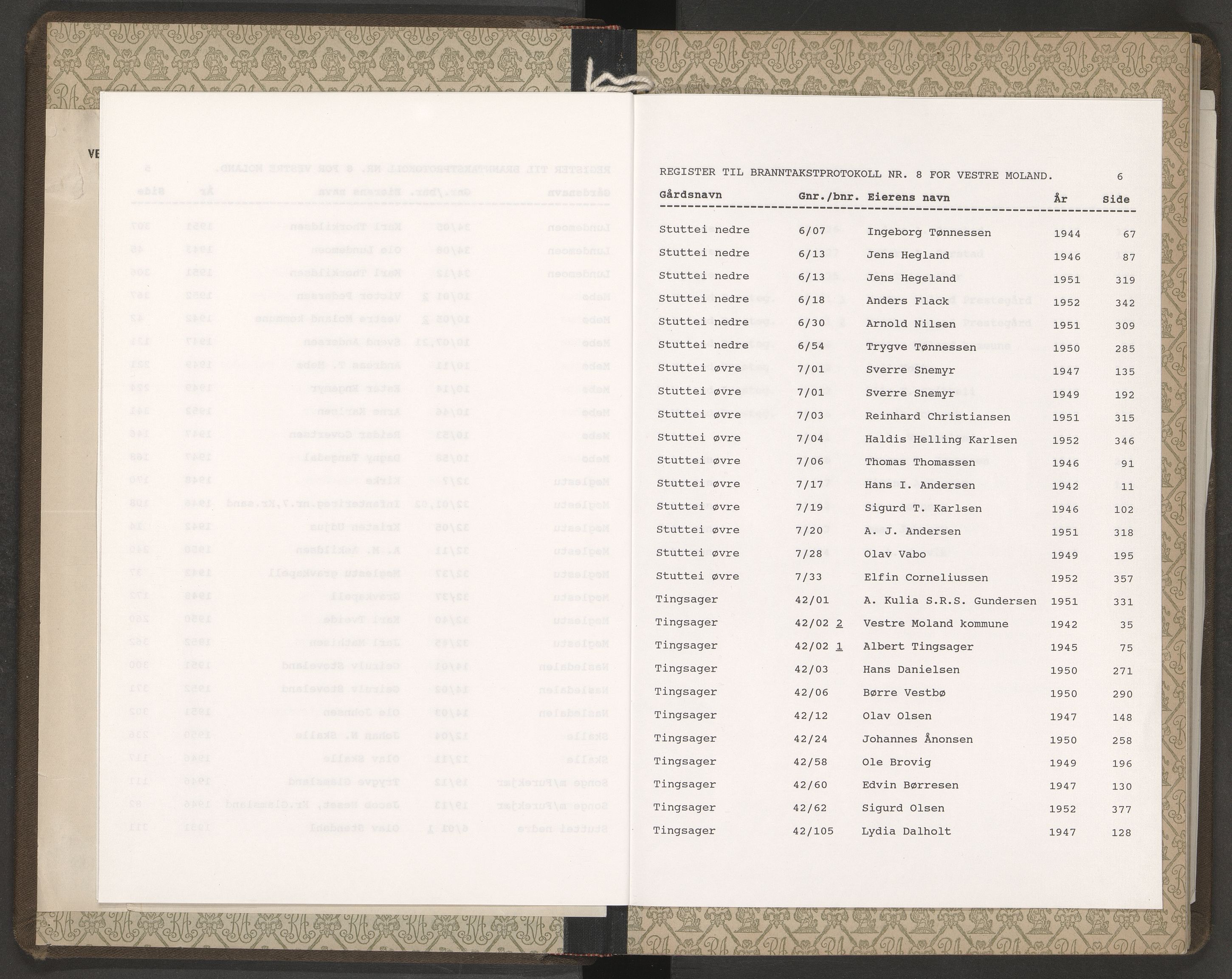 Norges Brannkasse Vestre Moland, AV/SAK-2241-0056/F/Fa/L0008: Branntakstprotokoll nr. 8 med gårdsnavnregister, 1941-1952