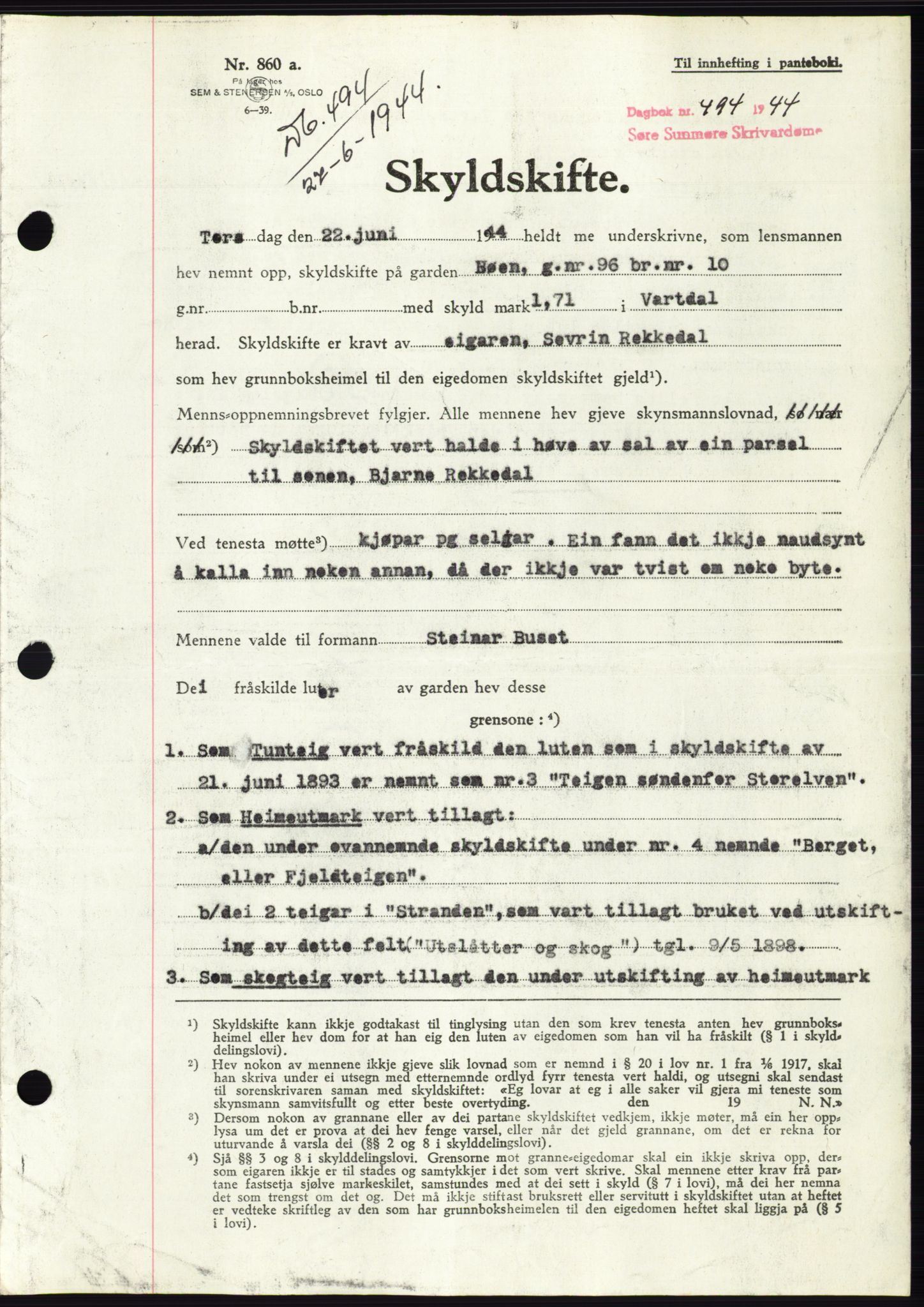 Søre Sunnmøre sorenskriveri, SAT/A-4122/1/2/2C/L0076: Pantebok nr. 2A, 1943-1944, Dagboknr: 494/1944