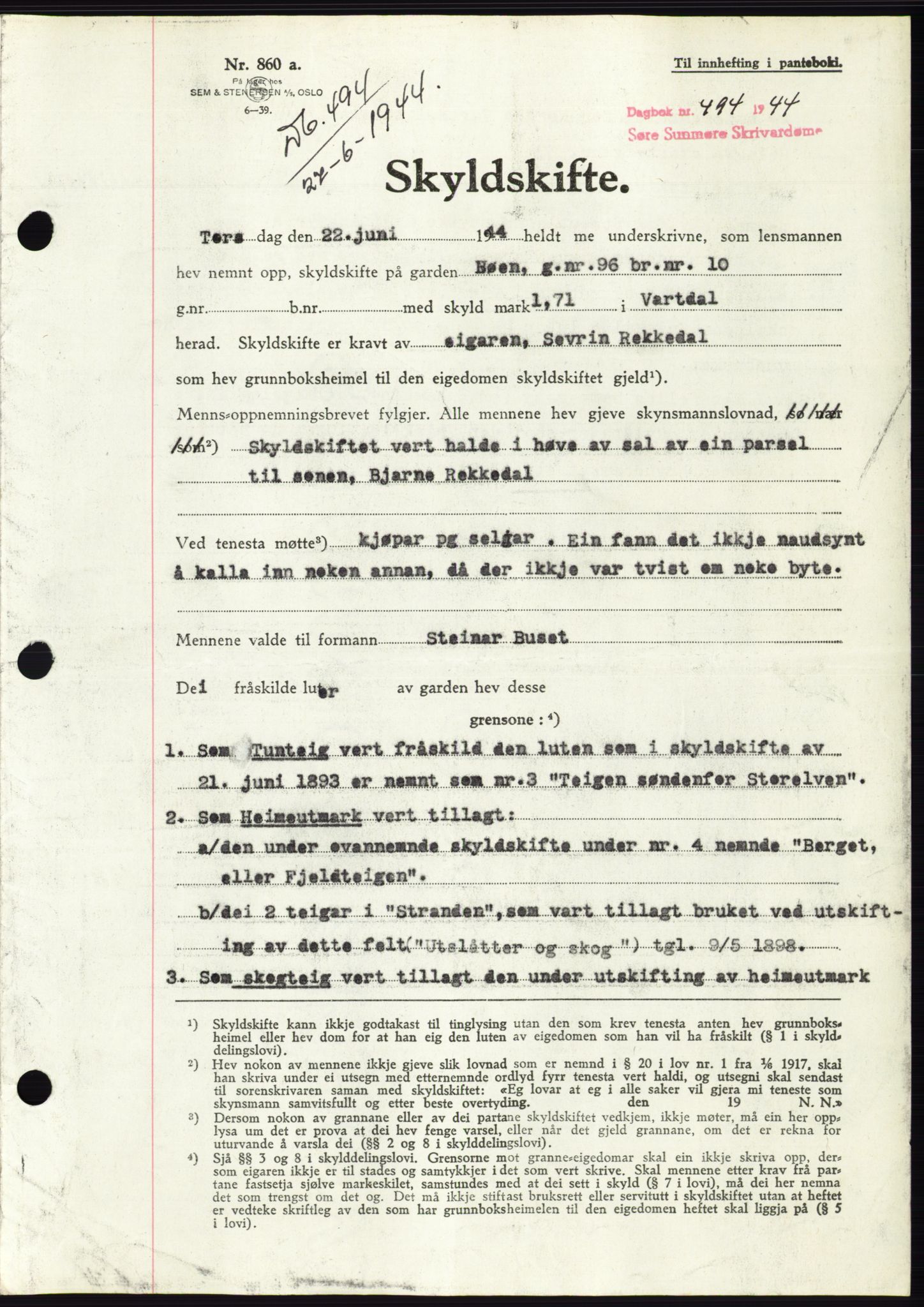 Søre Sunnmøre sorenskriveri, AV/SAT-A-4122/1/2/2C/L0076: Pantebok nr. 2A, 1943-1944, Dagboknr: 494/1944