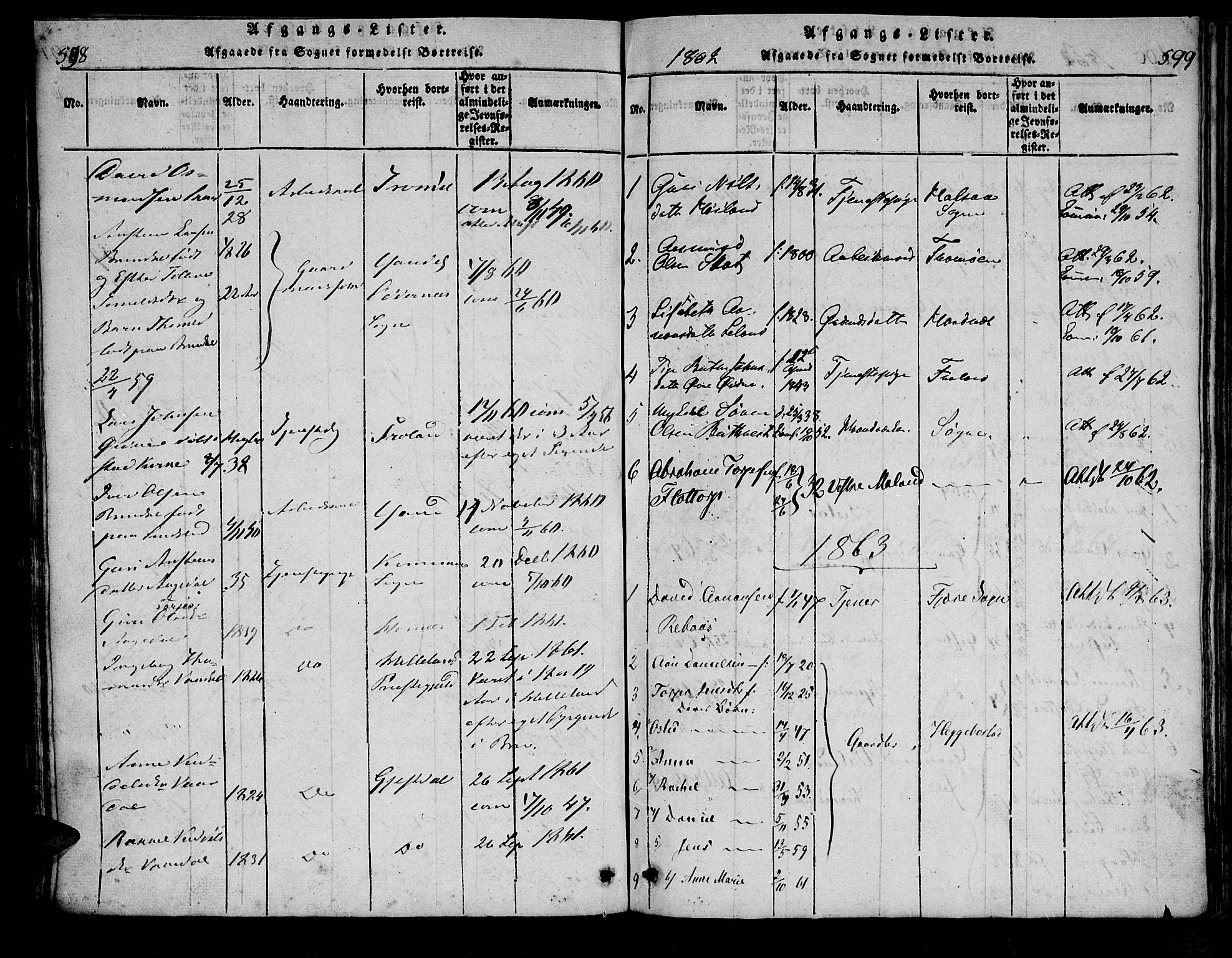 Bjelland sokneprestkontor, AV/SAK-1111-0005/F/Fa/Fac/L0001: Ministerialbok nr. A 1, 1815-1866, s. 598-599