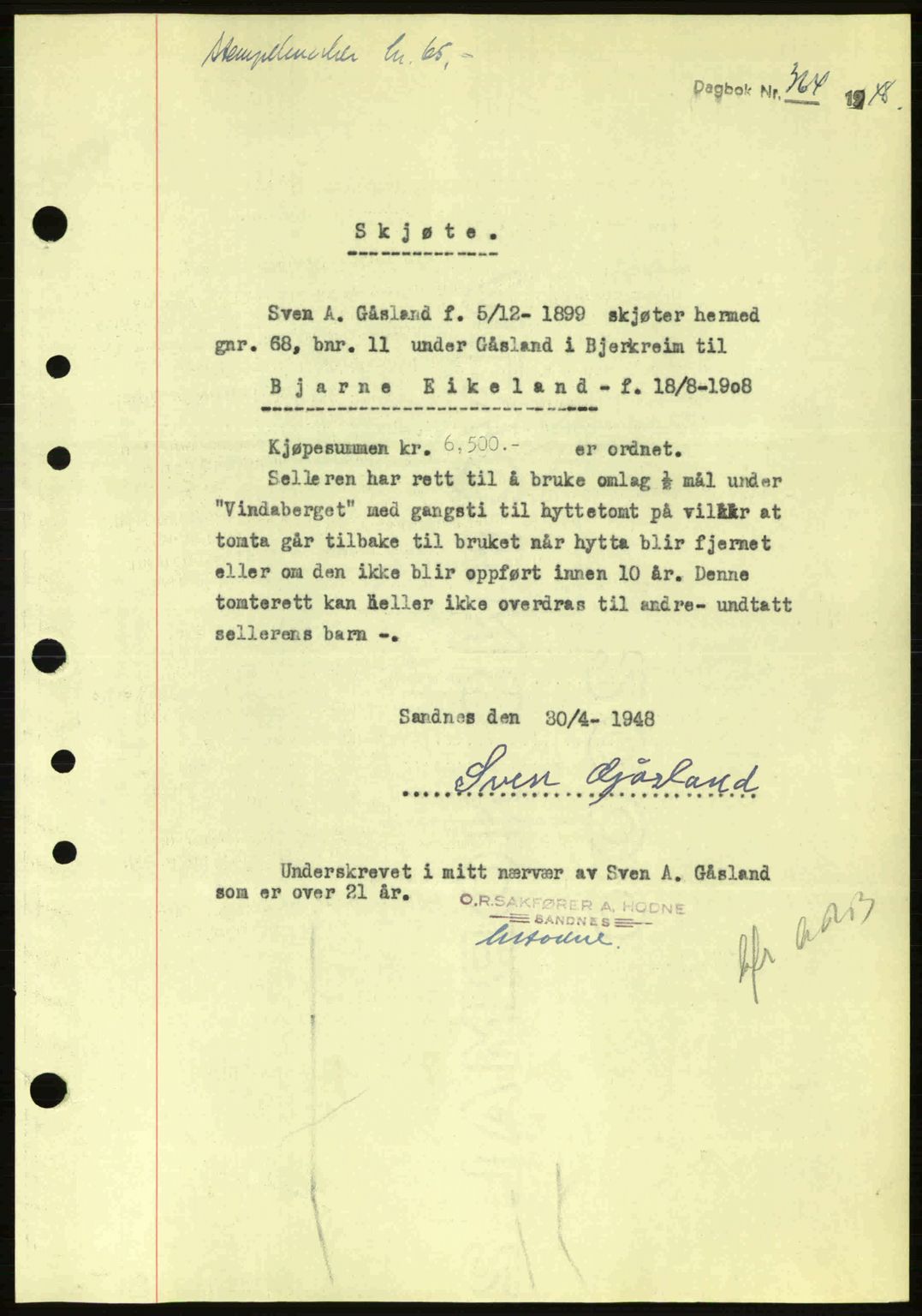 Dalane sorenskriveri, SAST/A-100309/02/G/Gb/L0051: Pantebok nr. A11, 1947-1948, Dagboknr: 364/1948