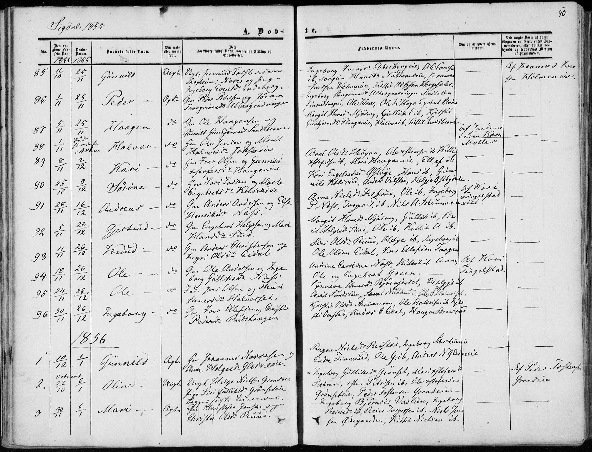 Sigdal kirkebøker, AV/SAKO-A-245/F/Fa/L0008: Ministerialbok nr. I 8, 1850-1859, s. 40