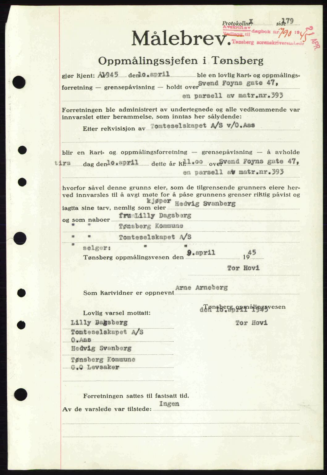 Tønsberg sorenskriveri, AV/SAKO-A-130/G/Ga/Gaa/L0017a: Pantebok nr. A17a, 1945-1945, Dagboknr: 790/1945