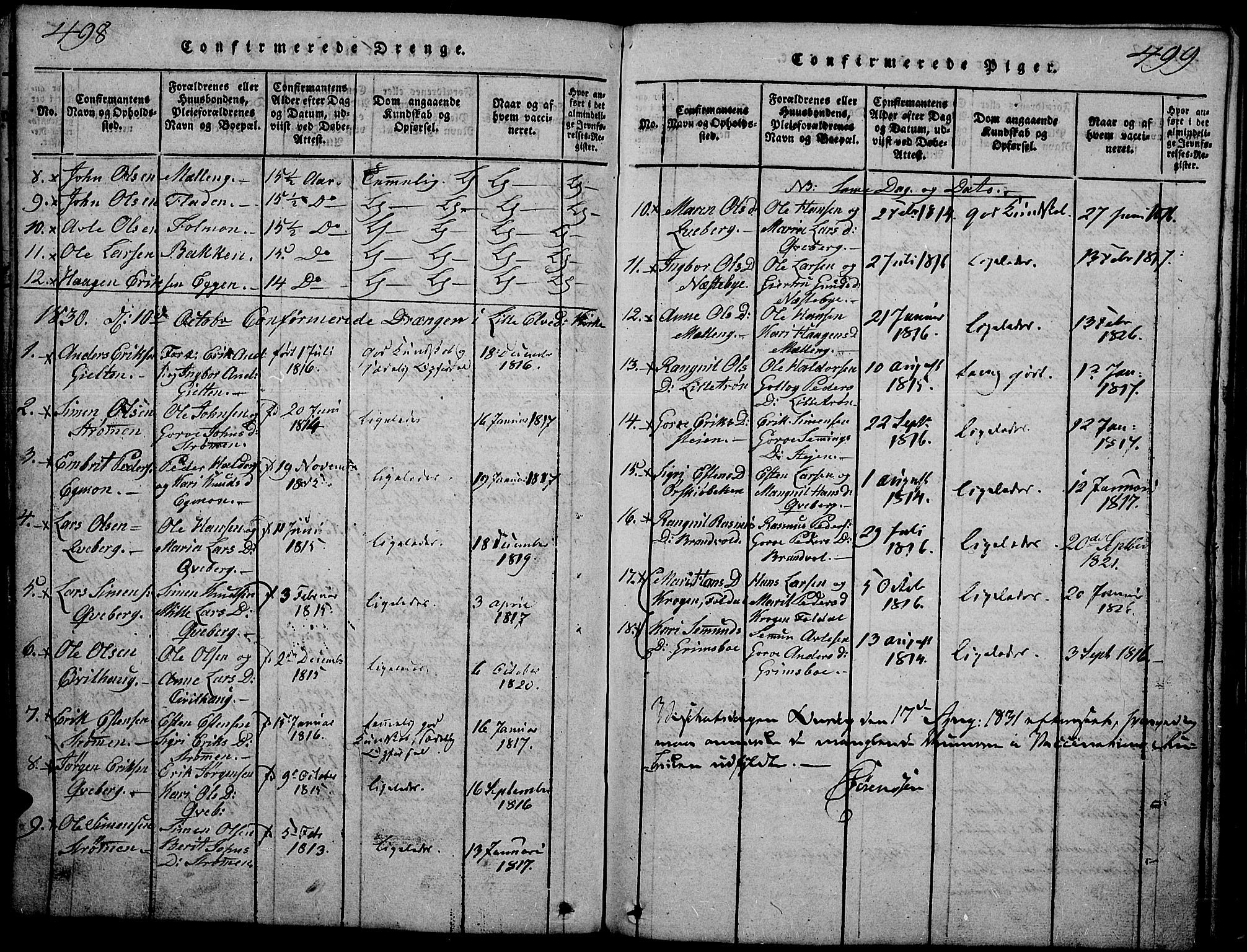 Tynset prestekontor, AV/SAH-PREST-058/H/Ha/Hab/L0002: Klokkerbok nr. 2, 1814-1862, s. 498-499