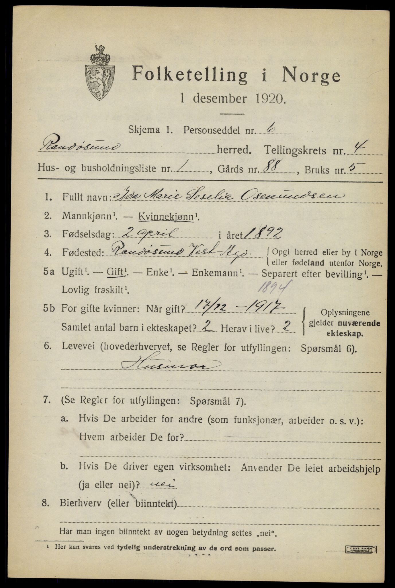 SAK, Folketelling 1920 for 1011 Randesund herred, 1920, s. 1790
