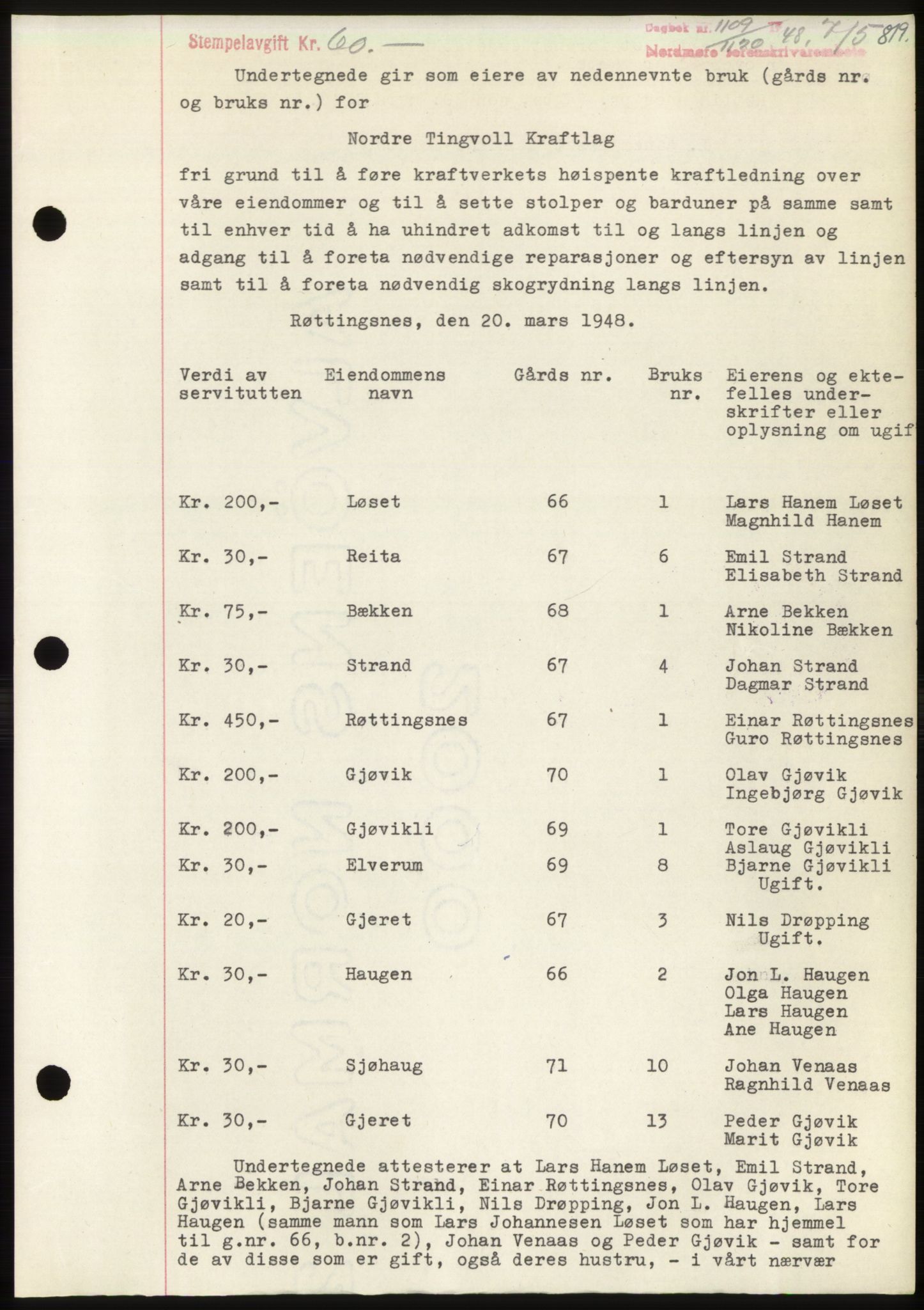 Nordmøre sorenskriveri, SAT/A-4132/1/2/2Ca: Pantebok nr. B98, 1948-1948, Dagboknr: 1109/1948