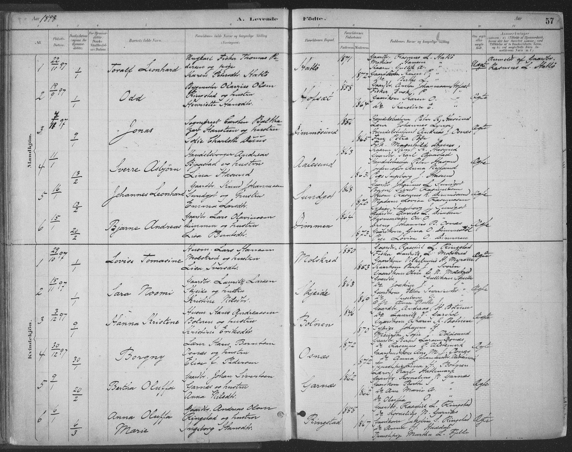 Ministerialprotokoller, klokkerbøker og fødselsregistre - Møre og Romsdal, SAT/A-1454/509/L0106: Ministerialbok nr. 509A04, 1883-1922, s. 57