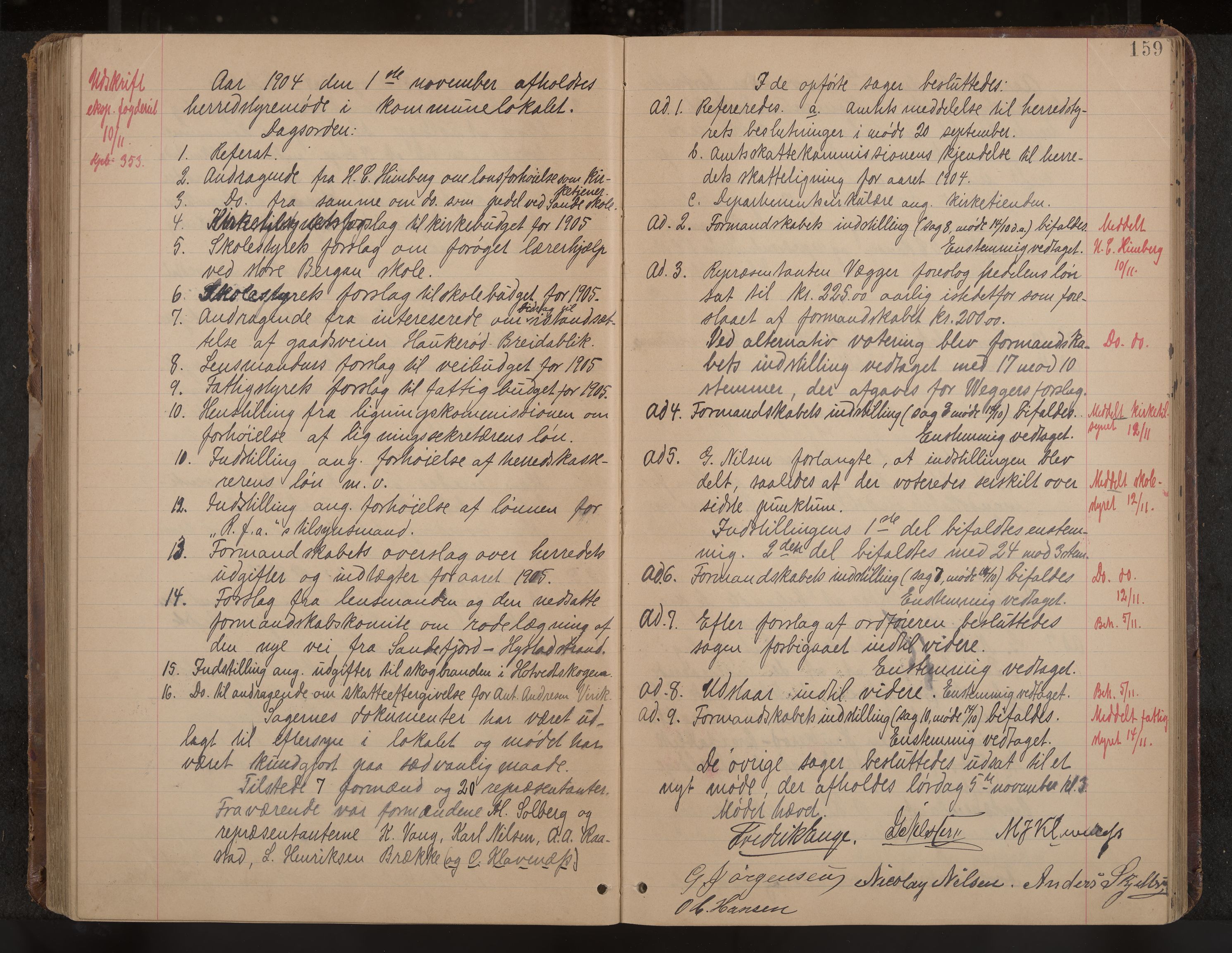 Sandar formannskap og sentraladministrasjon, IKAK/0724021/A/Aa/L0003: Møtebok med register, 1900-1907, s. 159