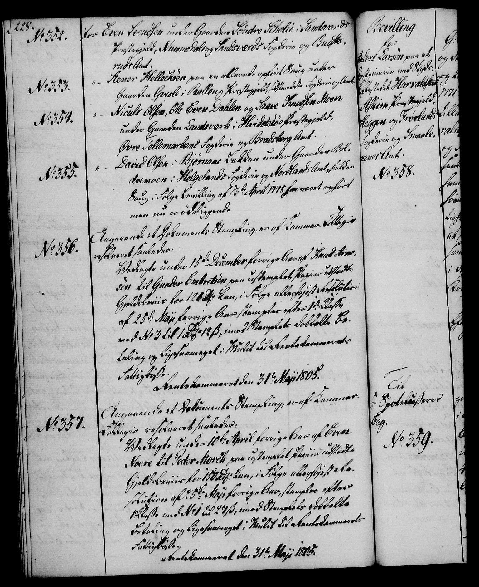 Rentekammeret, Kammerkanselliet, AV/RA-EA-3111/G/Gg/Gga/L0018: Norsk ekspedisjonsprotokoll med register (merket RK 53.18), 1804-1806, s. 228