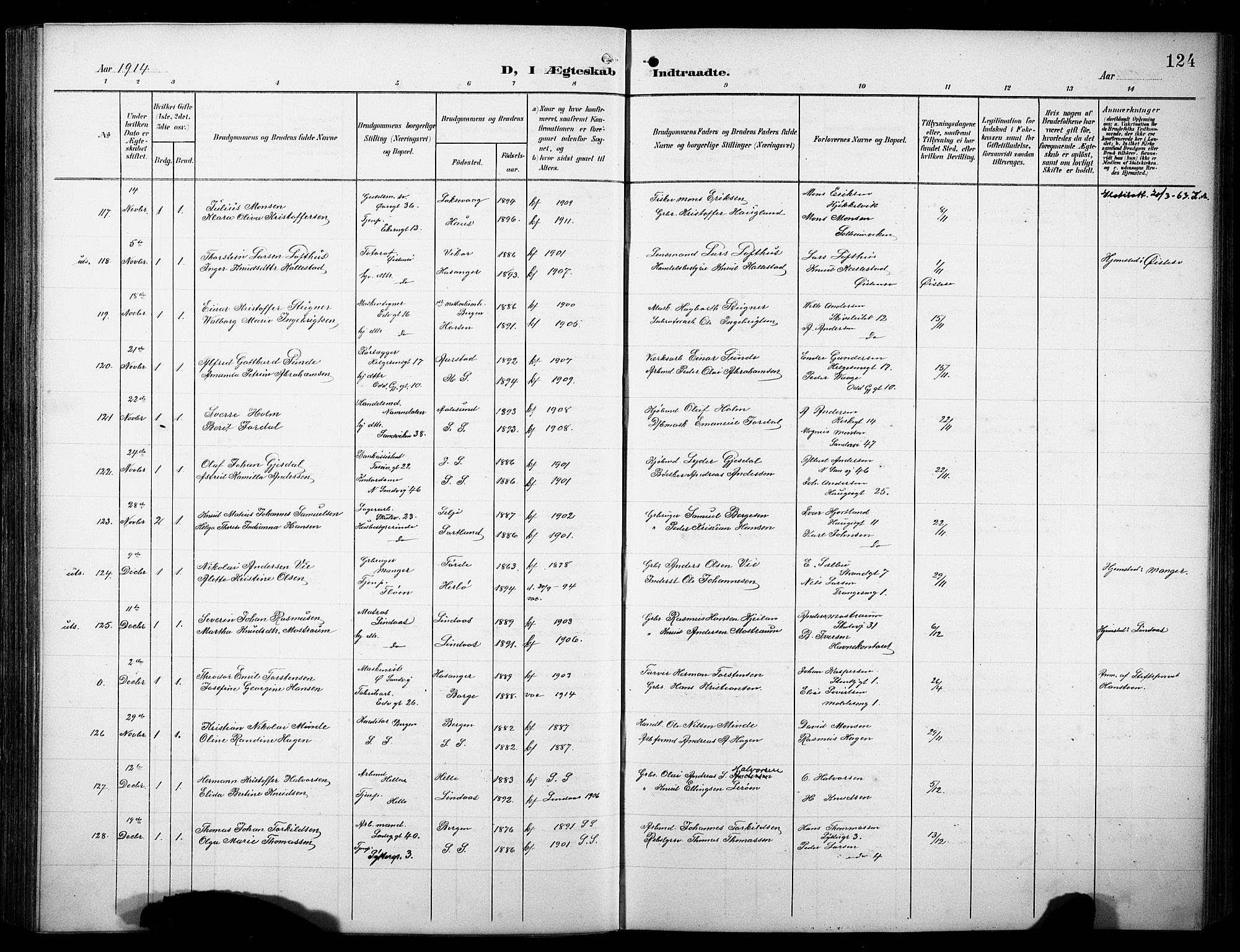 Sandviken Sokneprestembete, AV/SAB-A-77601/H/Hb/L0014: Klokkerbok nr. D 1, 1902-1929, s. 124