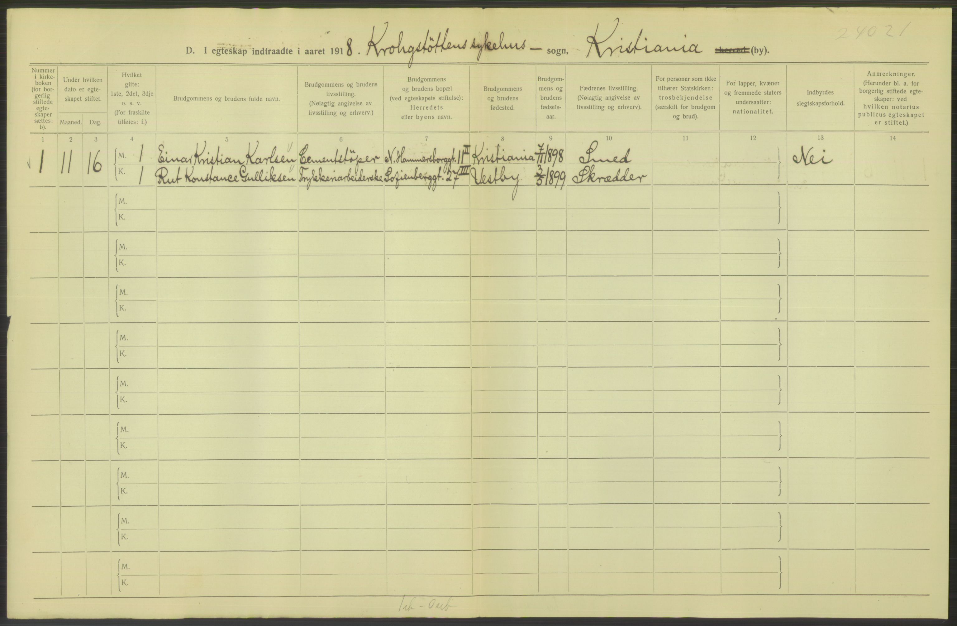 Statistisk sentralbyrå, Sosiodemografiske emner, Befolkning, RA/S-2228/D/Df/Dfb/Dfbh/L0009: Kristiania: Gifte, 1918, s. 1104