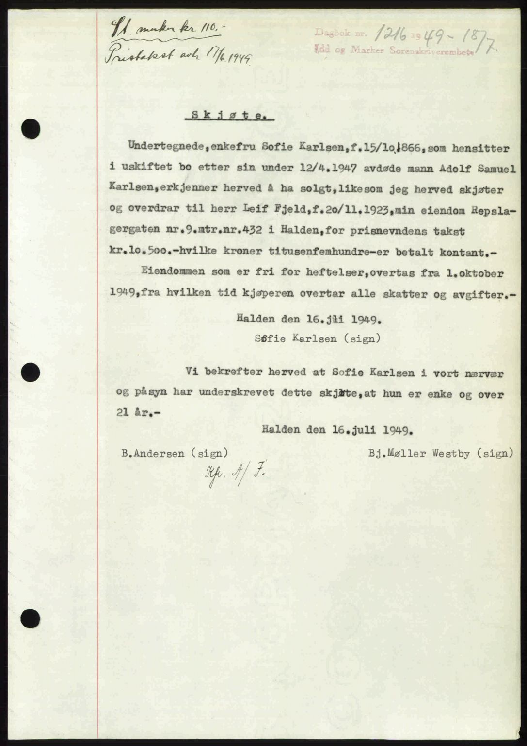 Idd og Marker sorenskriveri, SAO/A-10283/G/Gb/Gbb/L0012: Pantebok nr. A12, 1949-1949, Dagboknr: 1216/1949