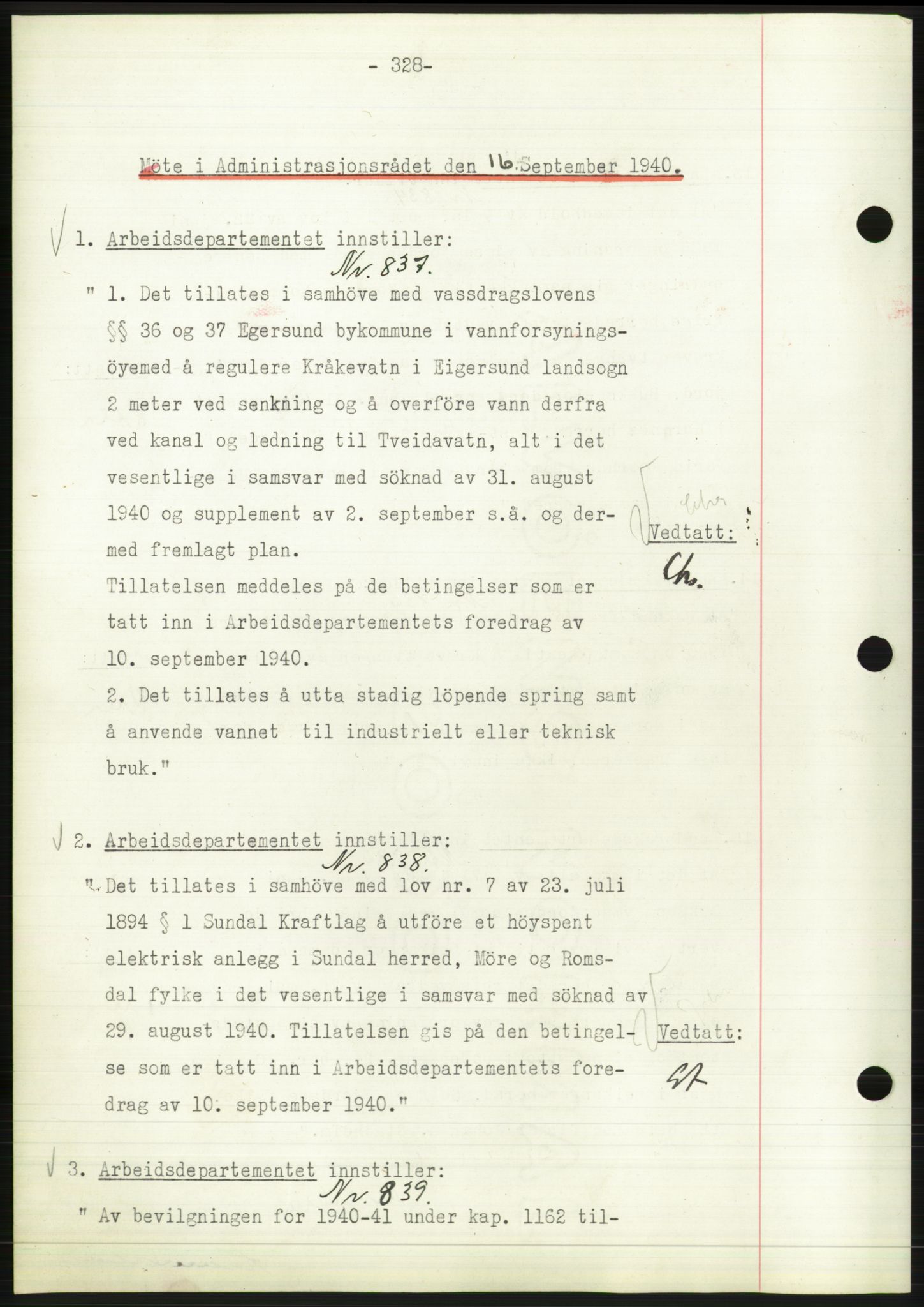 Administrasjonsrådet, RA/S-1004/A/L0002: Vedtaksprotokoll 16/4-25/9, 1940, s. 332