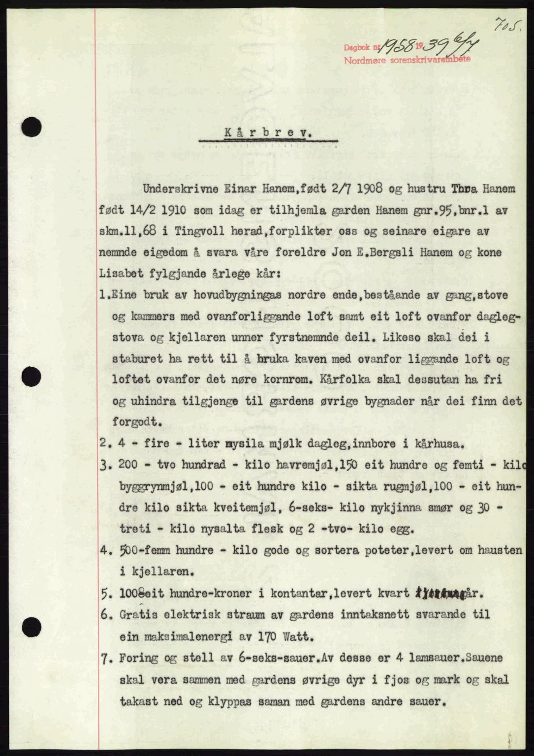 Nordmøre sorenskriveri, SAT/A-4132/1/2/2Ca: Pantebok nr. B85, 1939-1939, Dagboknr: 1958/1939
