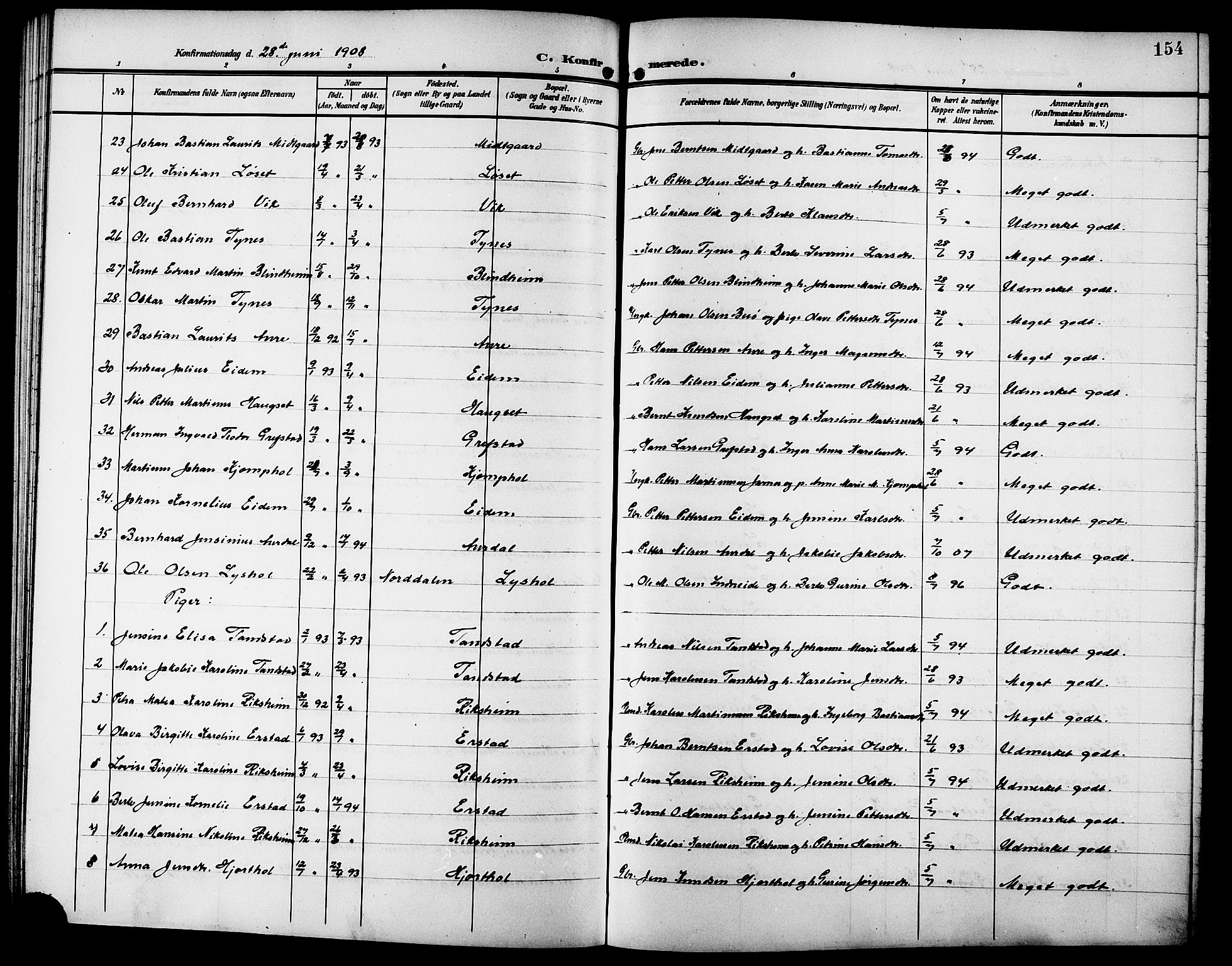 Ministerialprotokoller, klokkerbøker og fødselsregistre - Møre og Romsdal, SAT/A-1454/523/L0341: Klokkerbok nr. 523C04, 1903-1916, s. 154