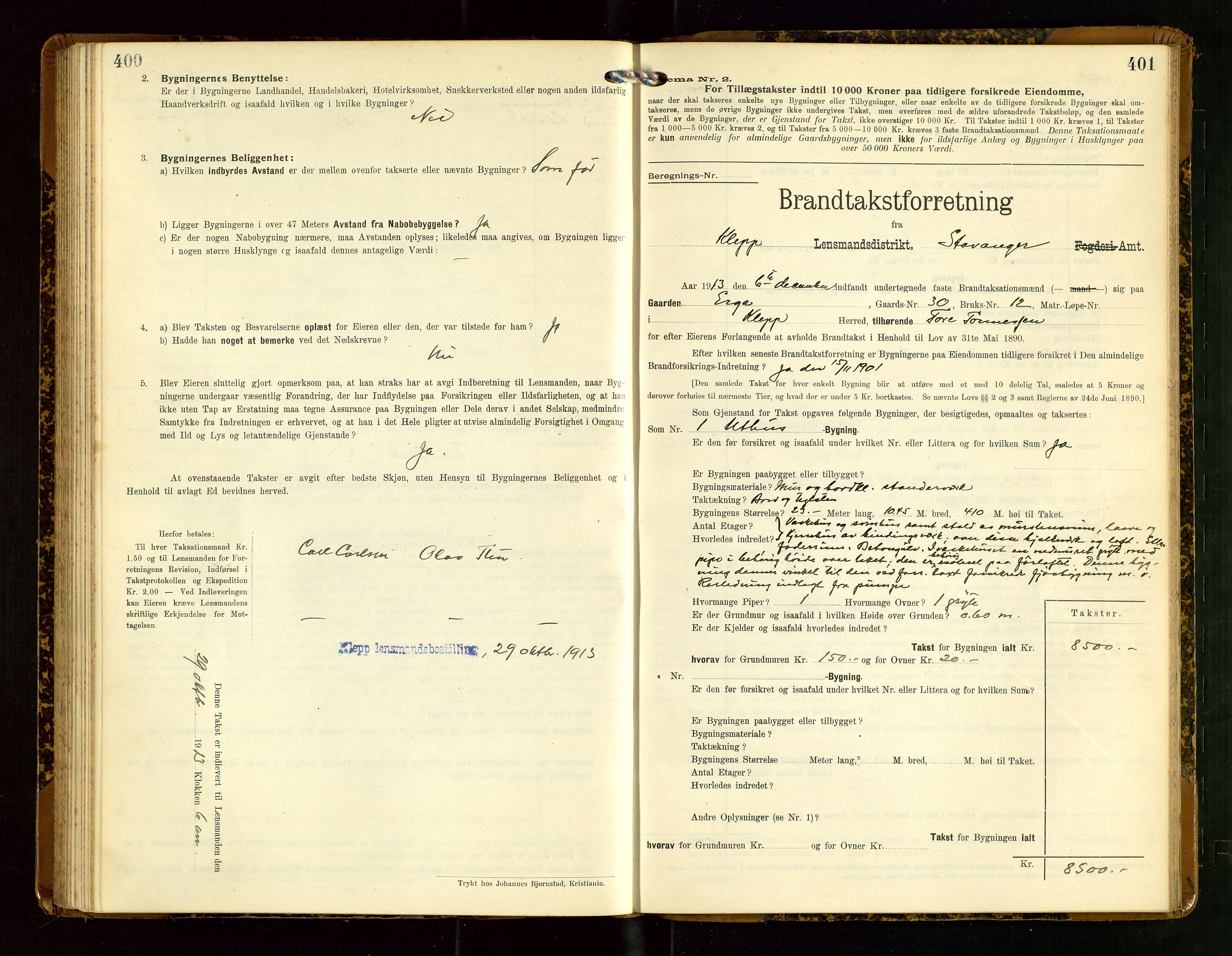 Klepp lensmannskontor, AV/SAST-A-100163/Goc/L0007: "Brandtaxationsprotokol" m/register, 1911-1915, s. 400-401