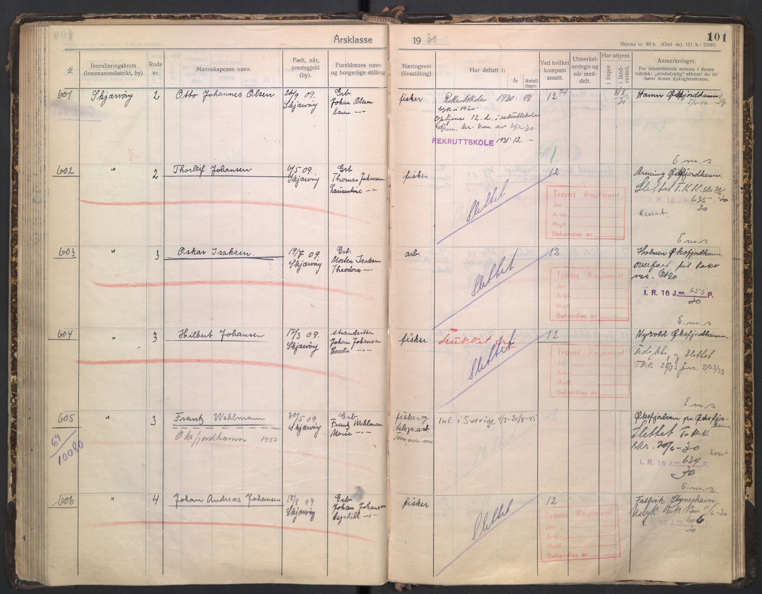 Forsvaret, Troms infanteriregiment nr. 16, AV/RA-RAFA-3146/P/Pa/L0005/0003: Ruller / Rulle for regimentets stridende menige mannskaper, årsklasse 1930, 1930, s. 101