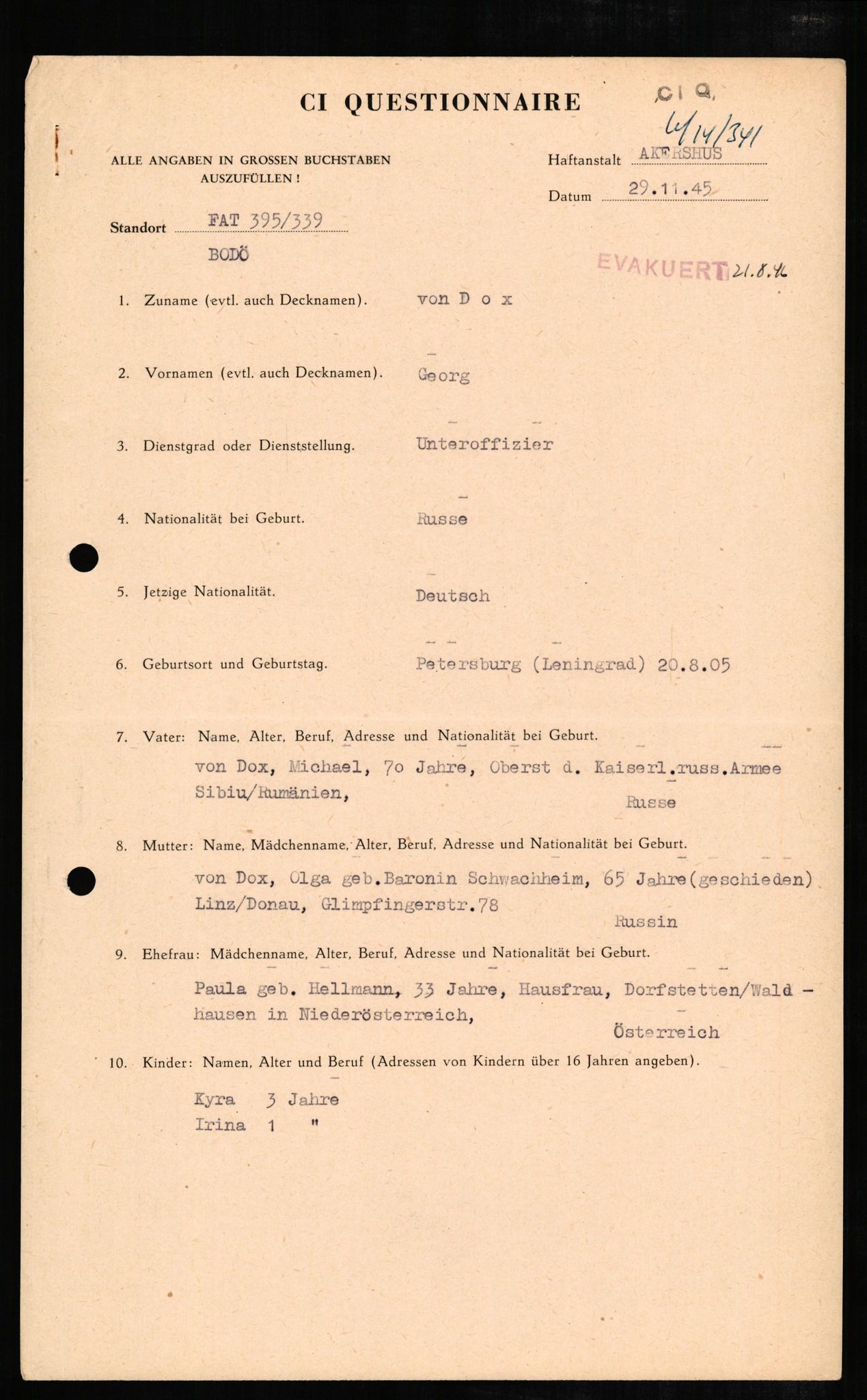 Forsvaret, Forsvarets overkommando II, AV/RA-RAFA-3915/D/Db/L0006: CI Questionaires. Tyske okkupasjonsstyrker i Norge. Tyskere., 1945-1946, s. 174