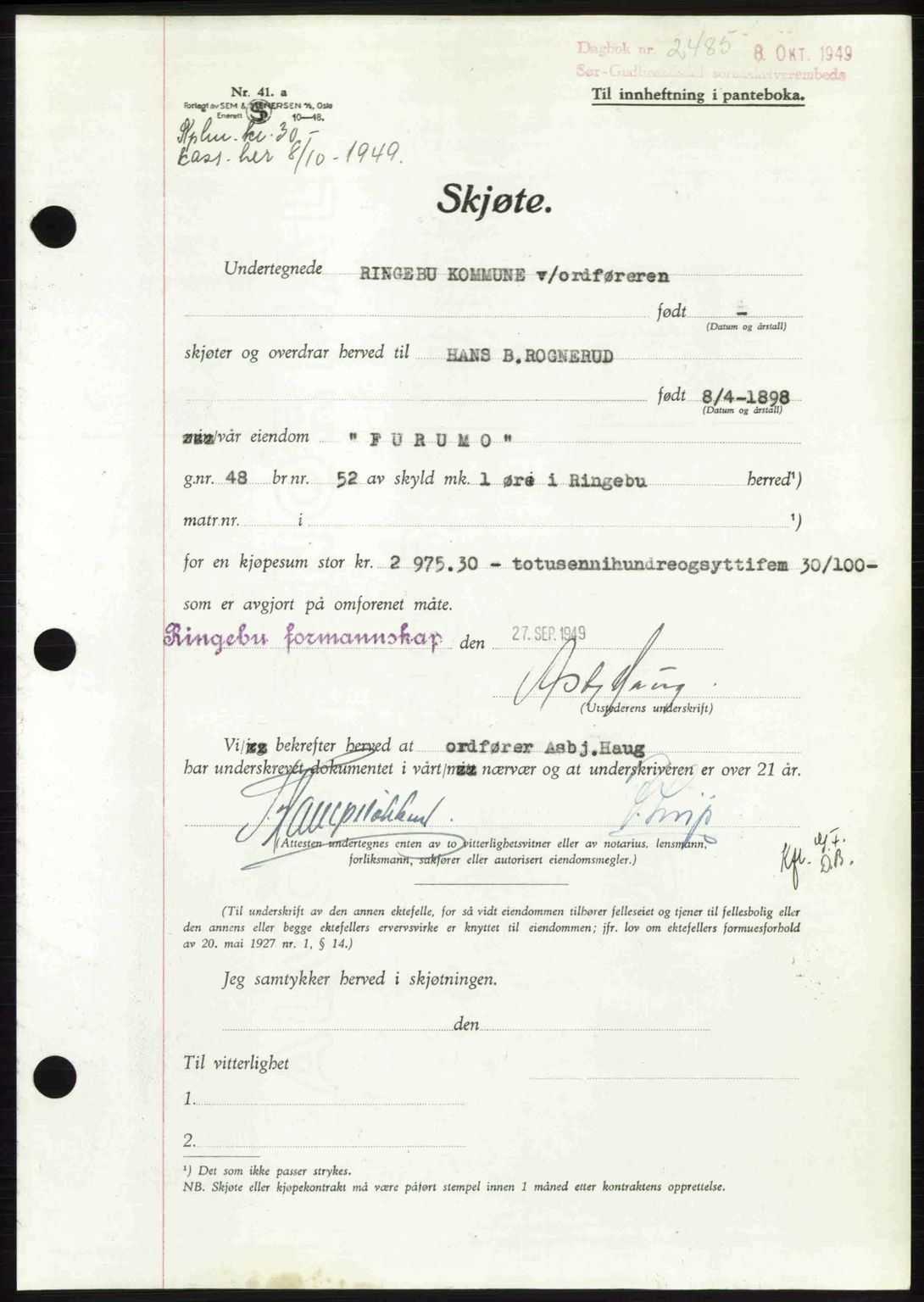 Sør-Gudbrandsdal tingrett, SAH/TING-004/H/Hb/Hbd/L0026: Pantebok nr. A26, 1949-1949, Dagboknr: 2485/1949