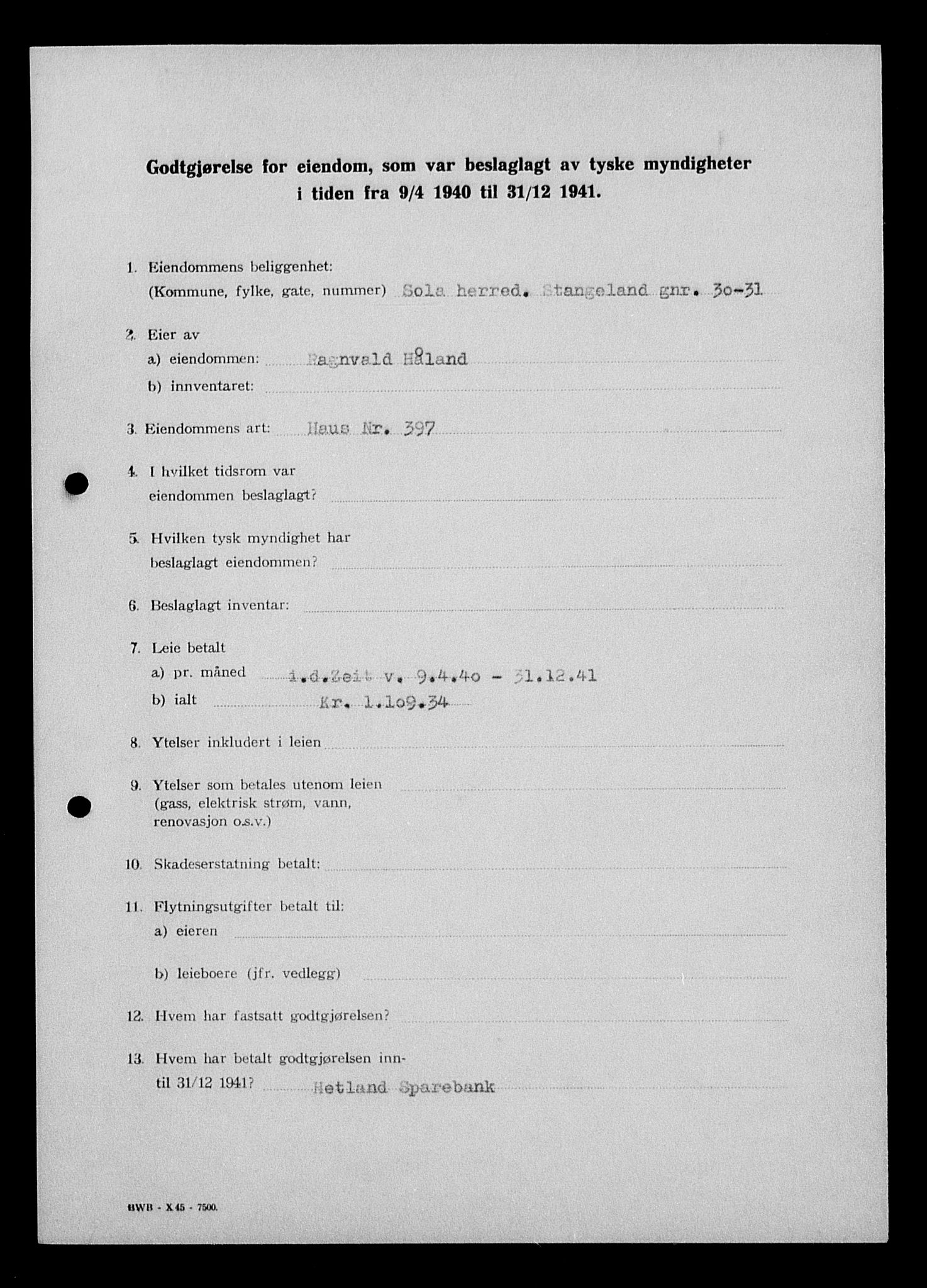 Justisdepartementet, Tilbakeføringskontoret for inndratte formuer, AV/RA-S-1564/I/L1014: Godtgjørelse for beslaglagt eiendom, 1940-1941, s. 358