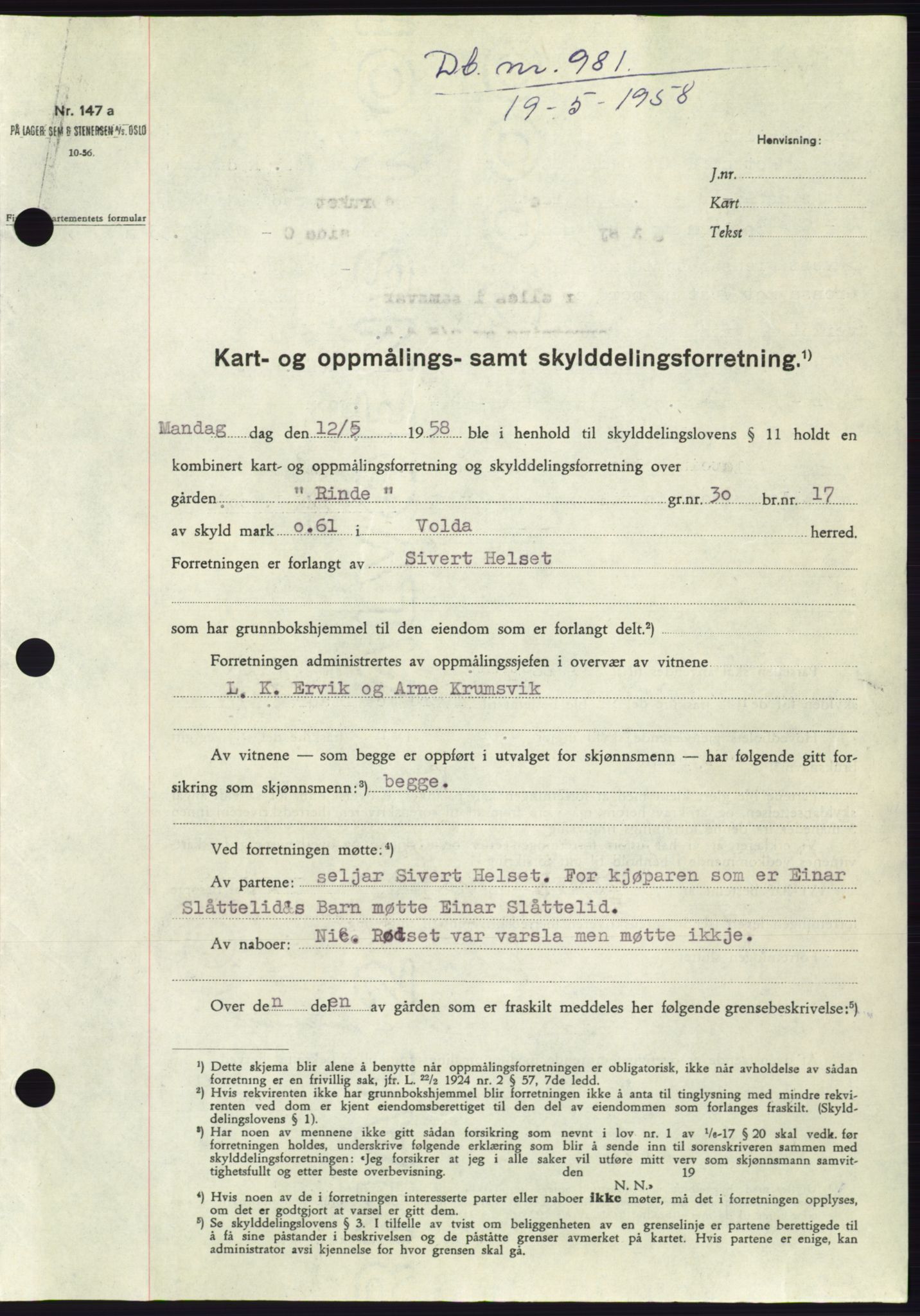 Søre Sunnmøre sorenskriveri, SAT/A-4122/1/2/2C/L0109: Pantebok nr. 35A, 1958-1958, Dagboknr: 981/1958
