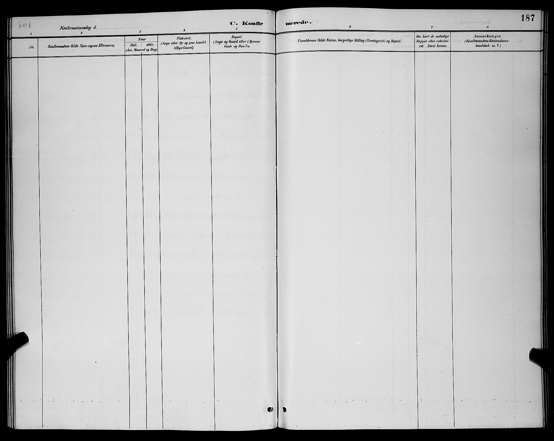 Dypvåg sokneprestkontor, SAK/1111-0007/F/Fb/Fba/L0013: Klokkerbok nr. B 13, 1887-1900, s. 187